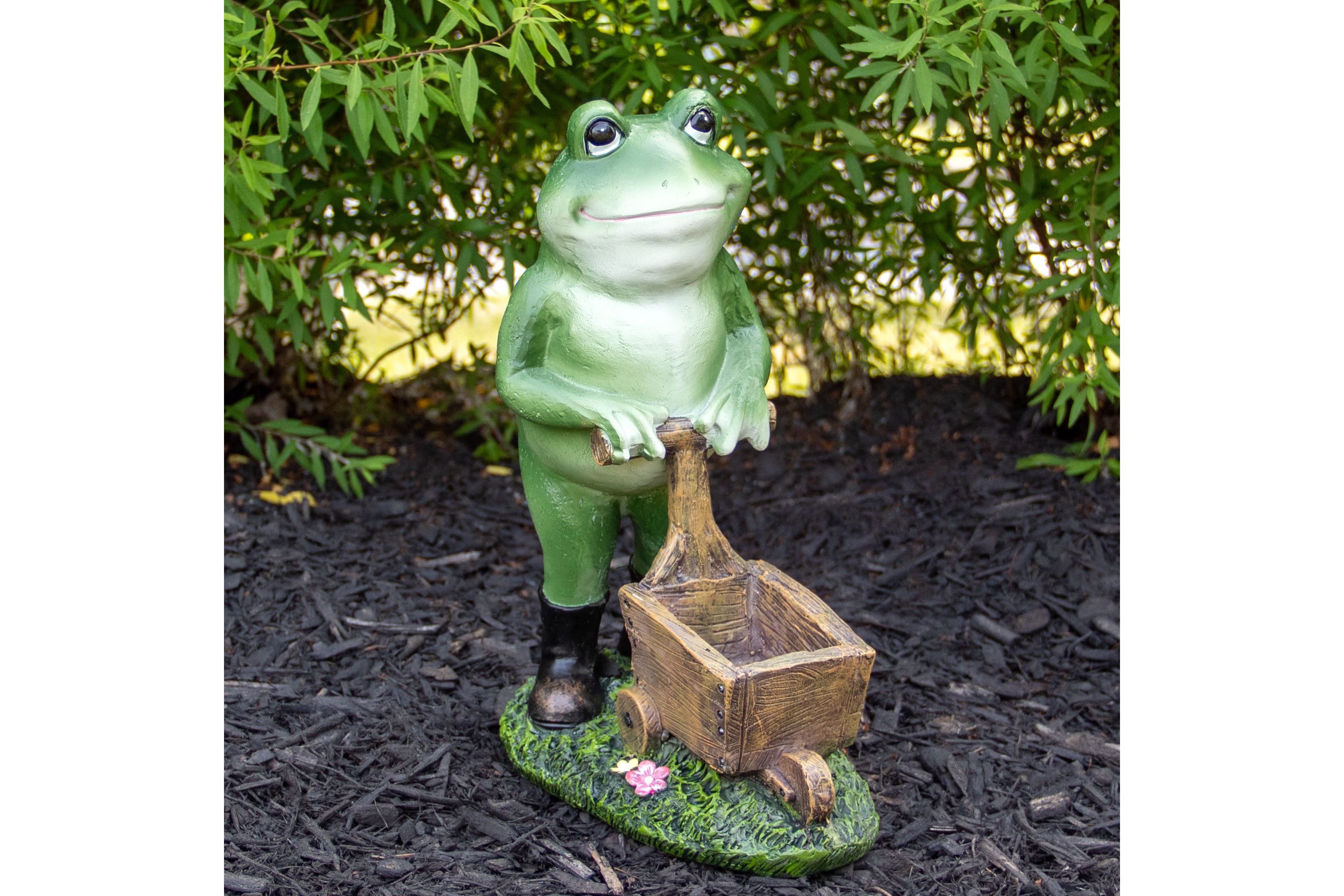 11.5" Green Frog Pushing Wheelbarrow Outdoor Garden Statue