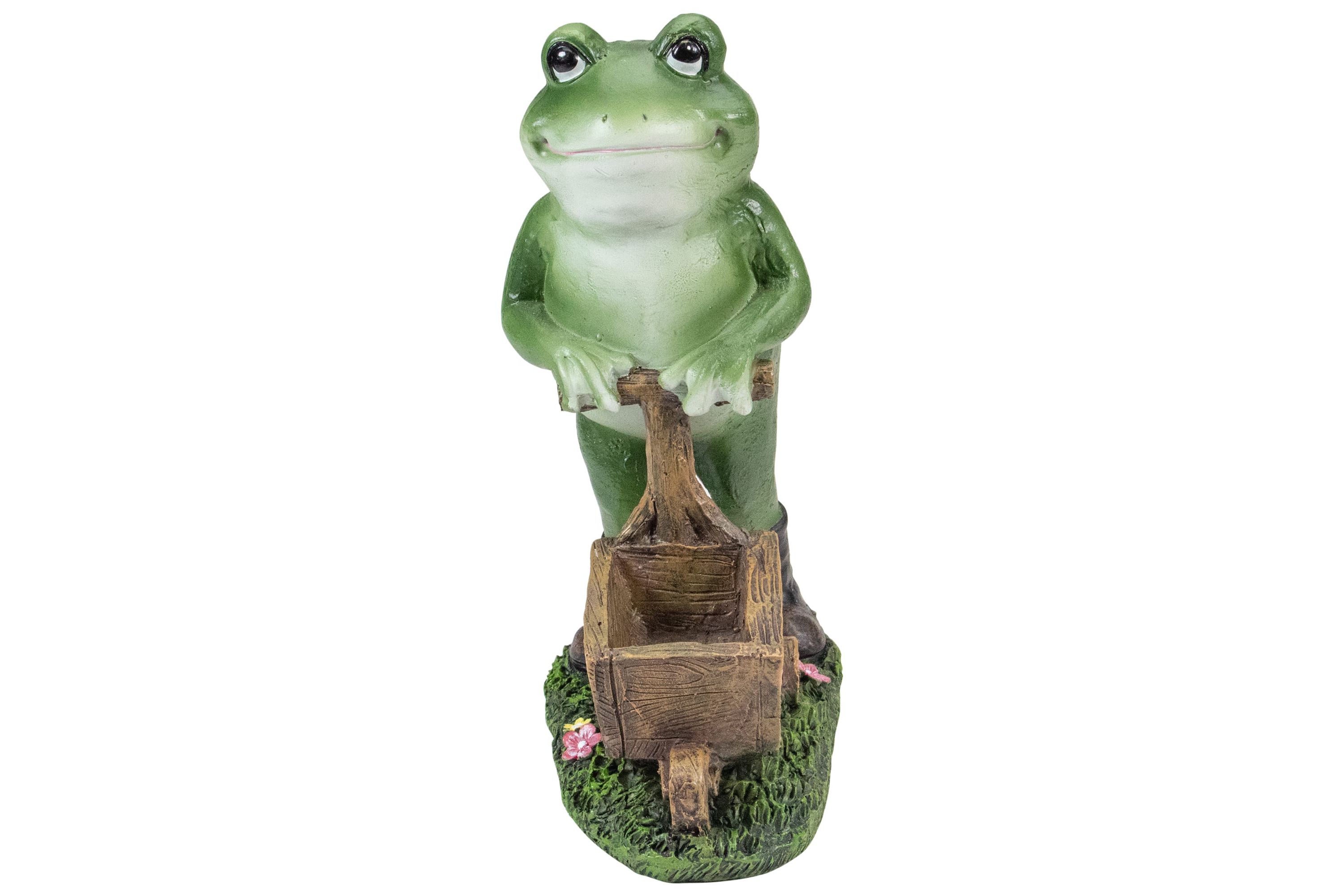 11.5" Green Frog Pushing Wheelbarrow Outdoor Garden Statue