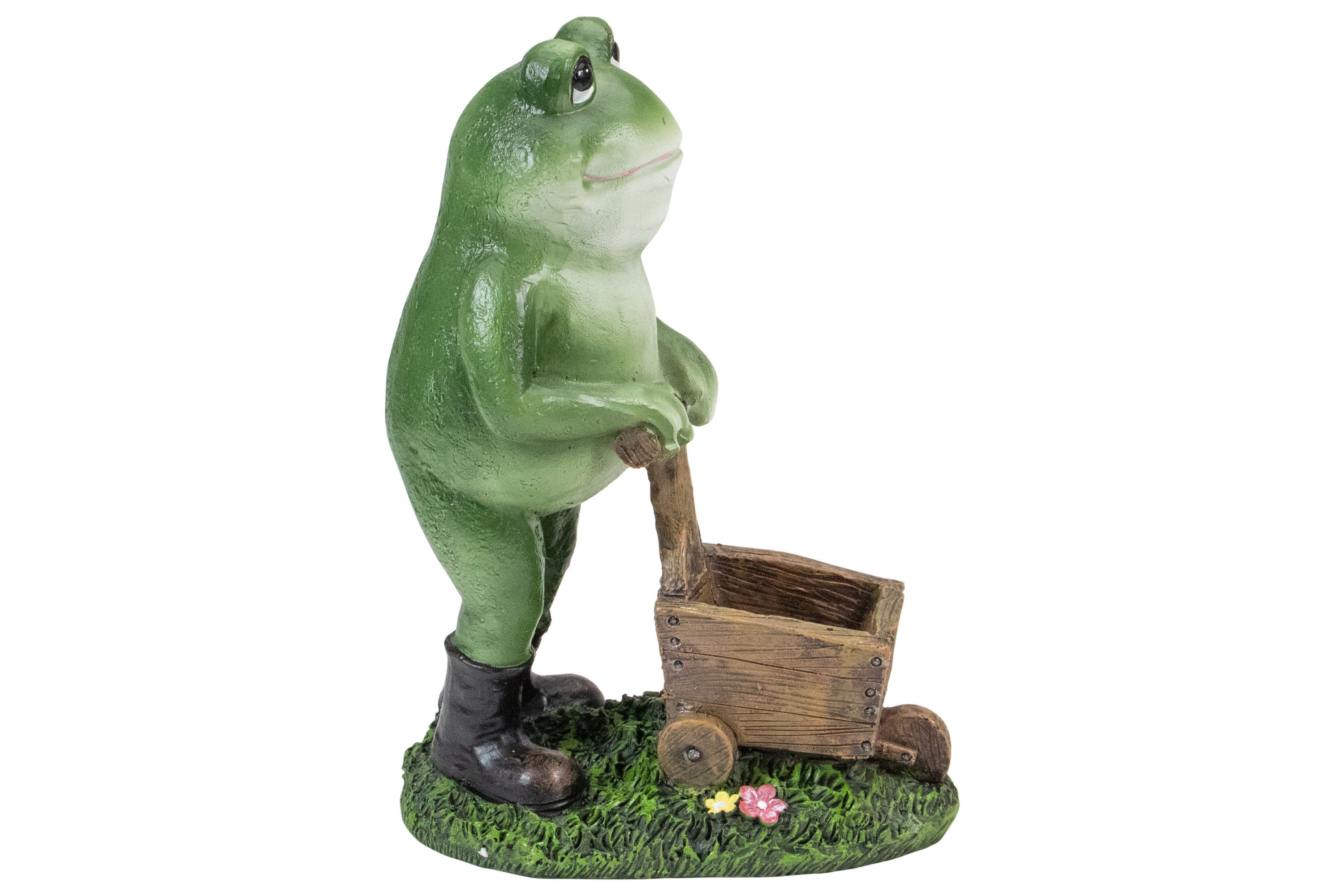 11.5" Green Frog Pushing Wheelbarrow Outdoor Garden Statue