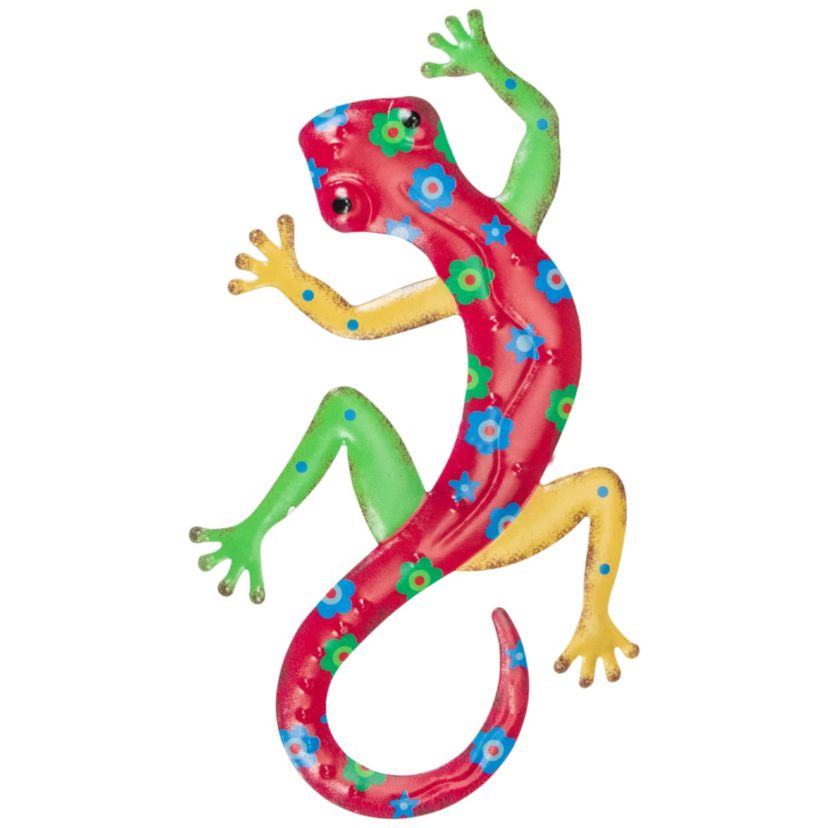 11.75"  Red Floral Metal Lizard Outdoor Wall Hanging