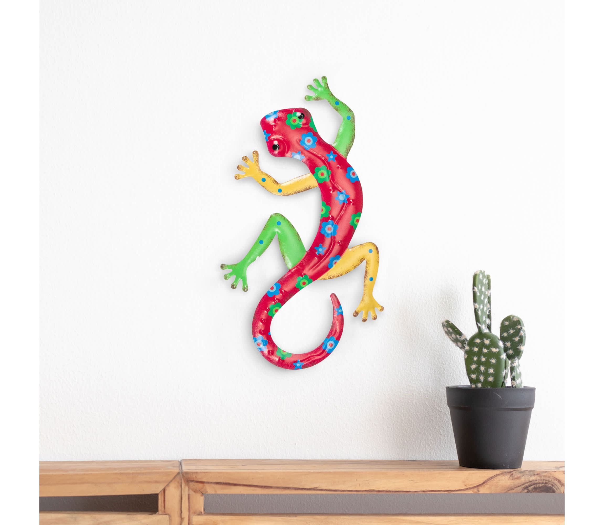 11.75"  Red Floral Metal Lizard Outdoor Wall Hanging