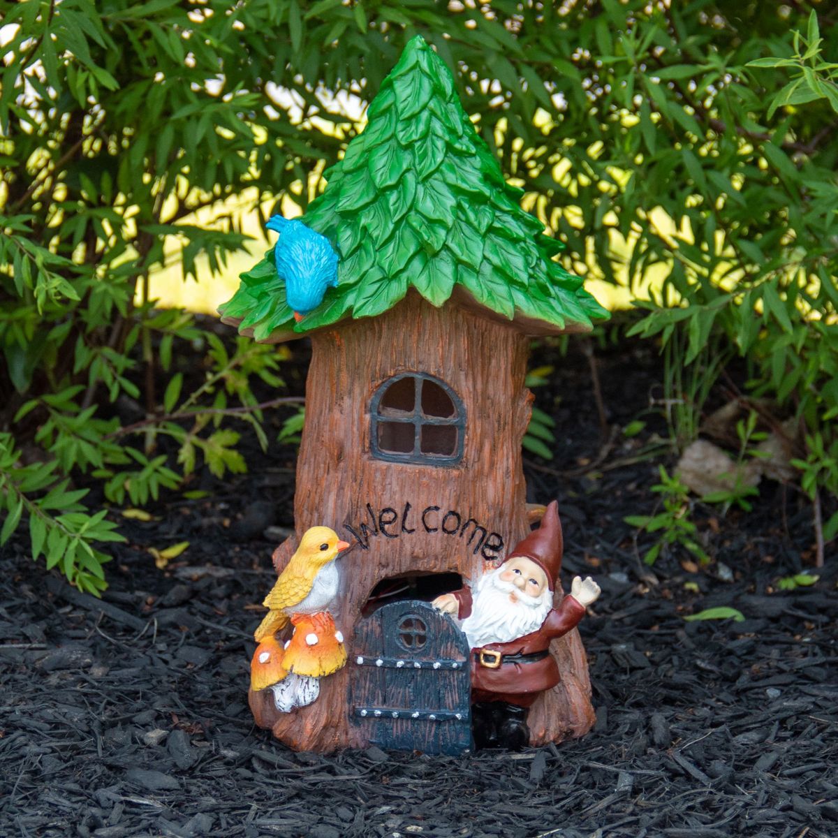 14" Solar Lighted Welcome Gnome Tree House Outdoor Garden Statue