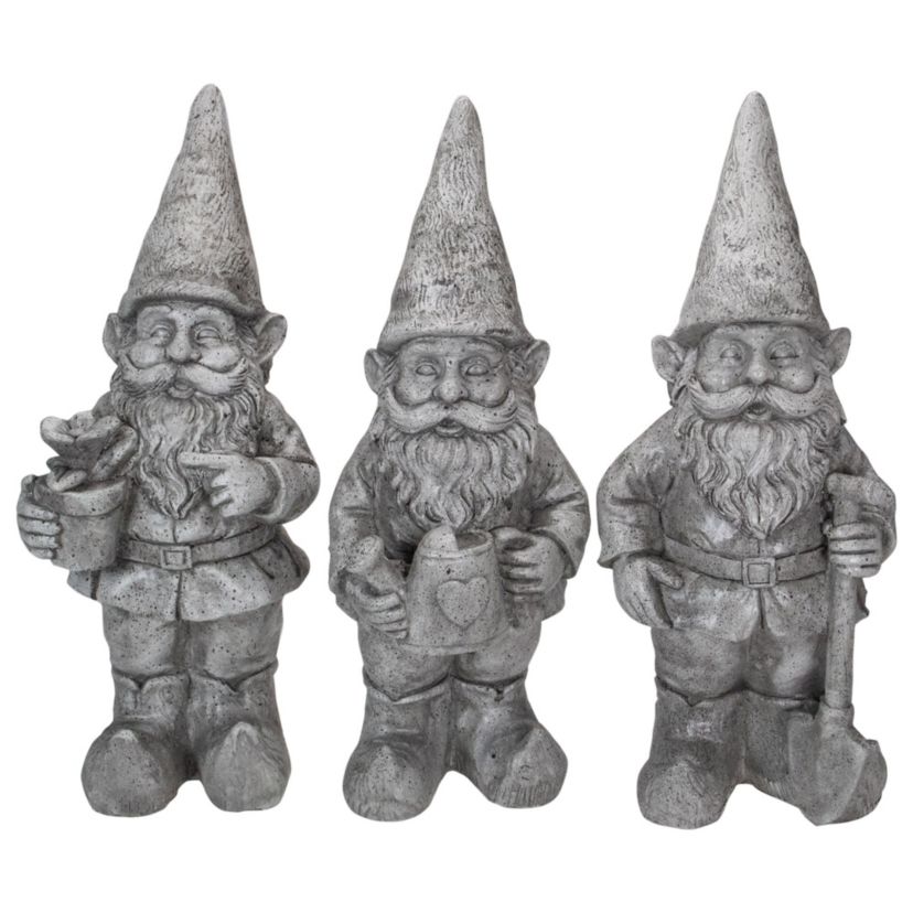 Set of 3 Gray Gardening Garden Gnomes Outdoor Statues 15.75"