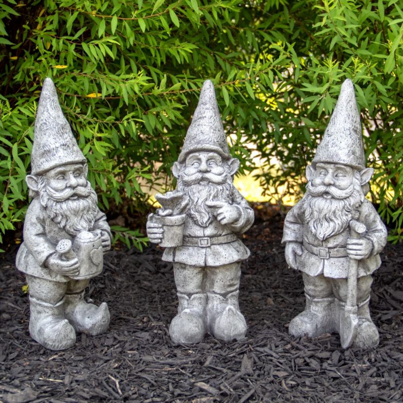 Set of 3 Gray Gardening Garden Gnomes Outdoor Statues 15.75"