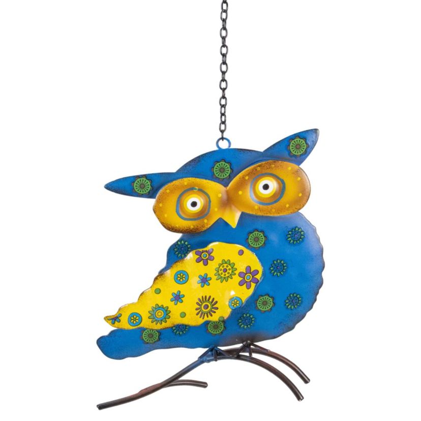 7.75" Blue and Yellow Metal Owl Outdoor Wall Hanging
