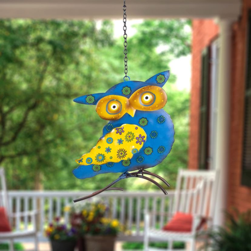 7.75" Blue and Yellow Metal Owl Outdoor Wall Hanging