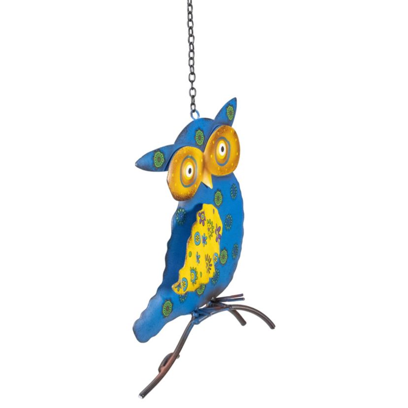 7.75" Blue and Yellow Metal Owl Outdoor Wall Hanging