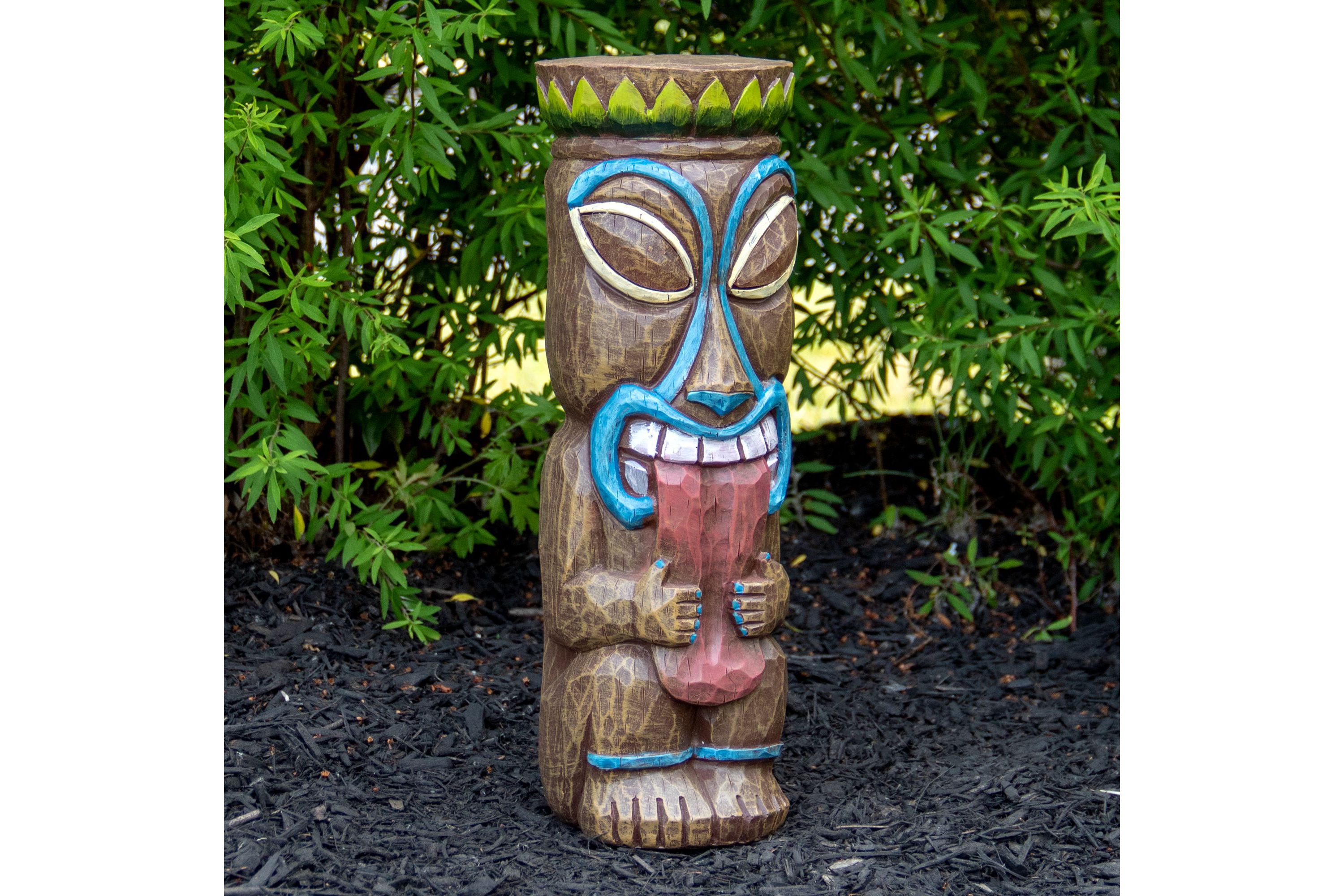 16" Solar Lighted Polynesian Outdoor Garden Tongue Out Tiki Statue