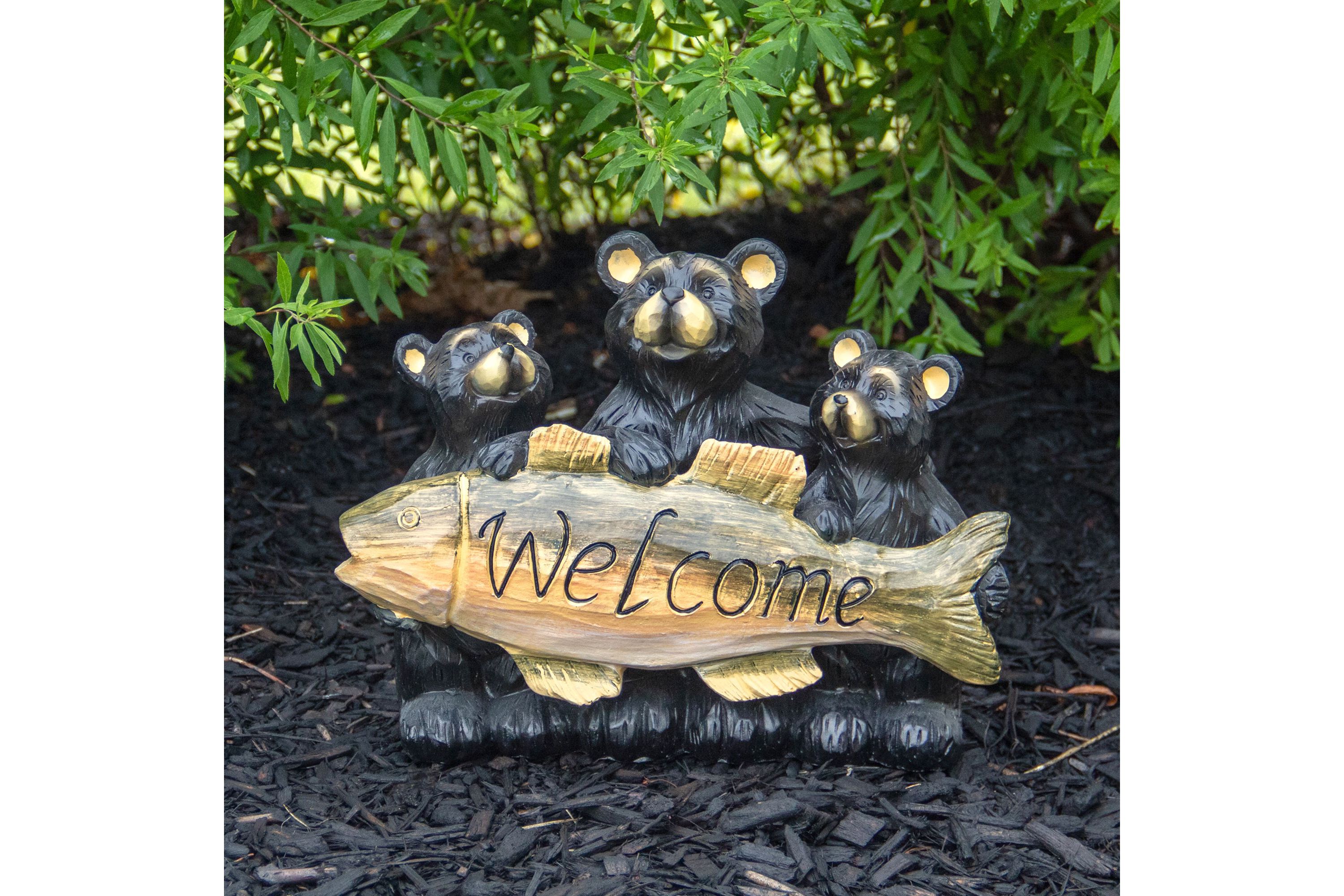 10" Bear Family Trio Welcome Sign Outdoor Garden Statue