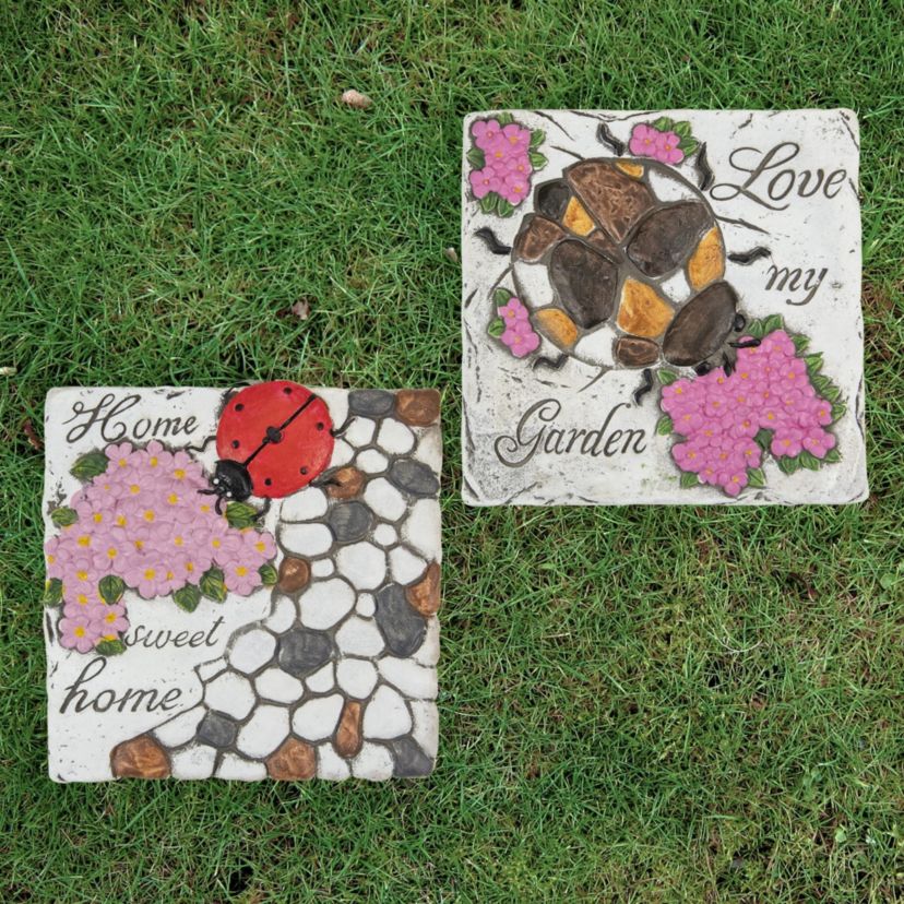 Set of 2 Love my Garden and Home Sweet Home Floral Outdoor Garden Stones 7"