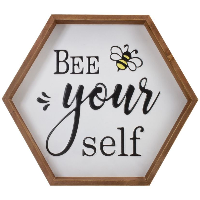Wooden Framed "Bee Yourself" Metal Sign Spring Wall or Table Decoration - 16"