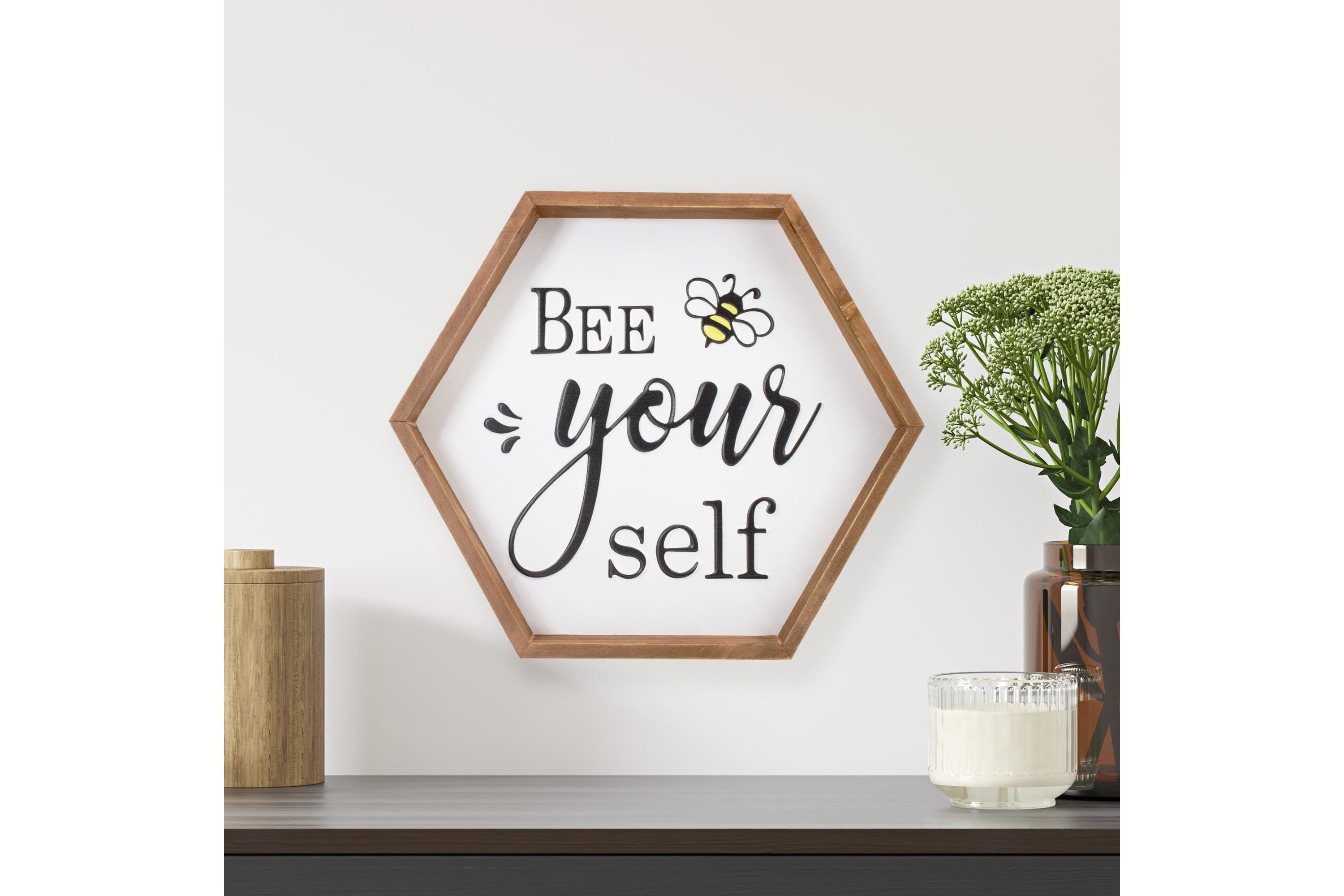 Wooden Framed "Bee Yourself" Metal Sign Spring Wall or Table Decoration - 16"