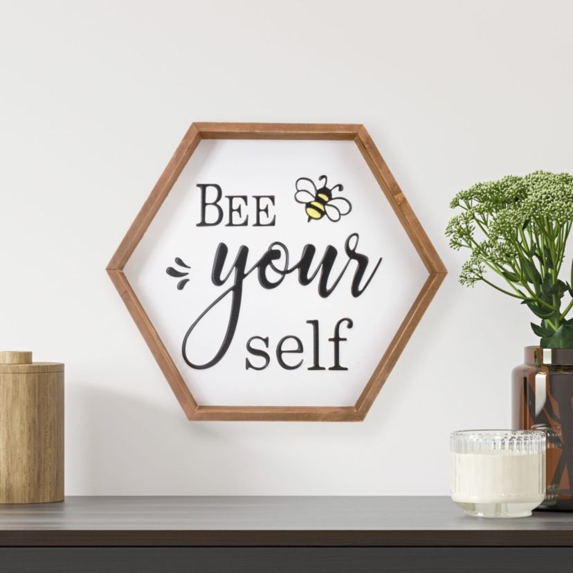 Wooden Framed "Bee Yourself" Metal Sign Spring Wall or Table Decoration - 16"