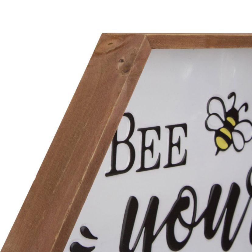 Wooden Framed "Bee Yourself" Metal Sign Spring Wall or Table Decoration - 16"