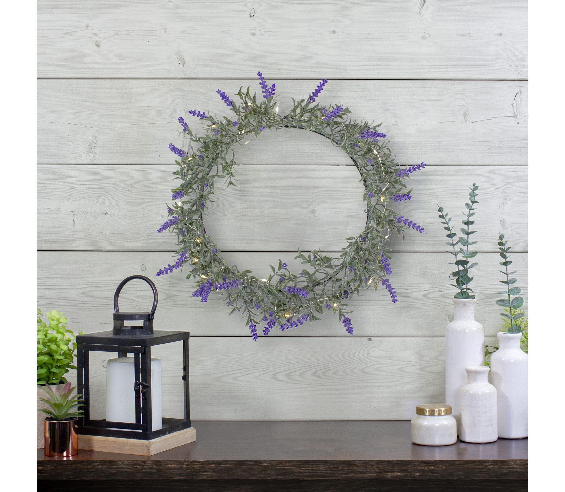 Pre-Lit Battery Operated Lavender Spring Wreath- 16" - White LED Lights