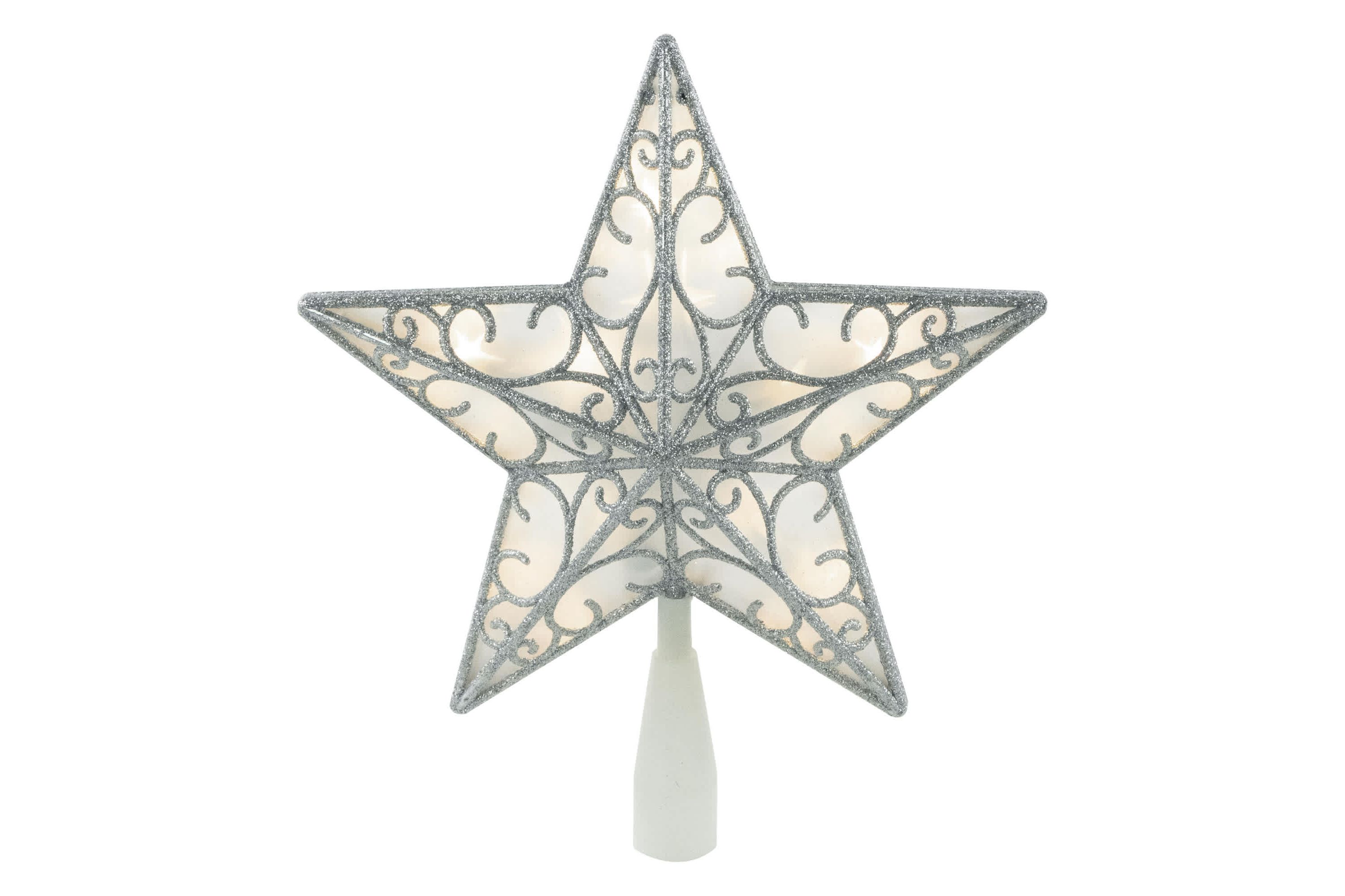 9" LED Lighted Silver Glitter Star Christmas Tree Topper  Warm White Lights