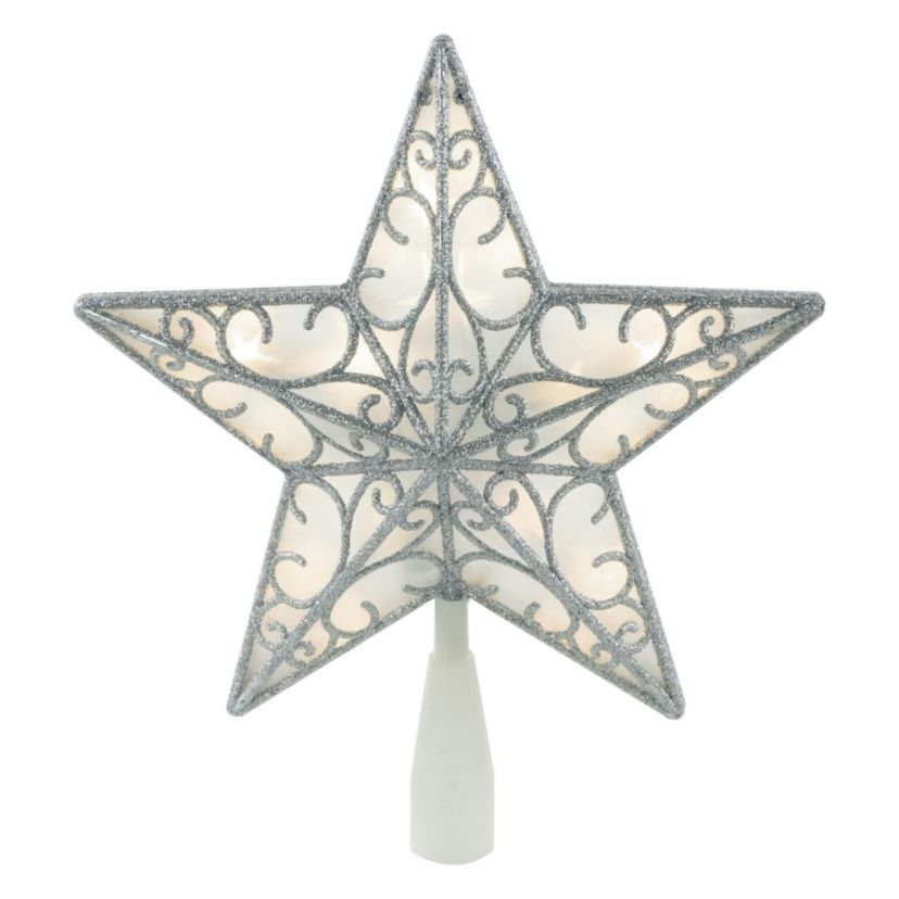 9" LED Lighted Silver Glitter Star Christmas Tree Topper  Warm White Lights