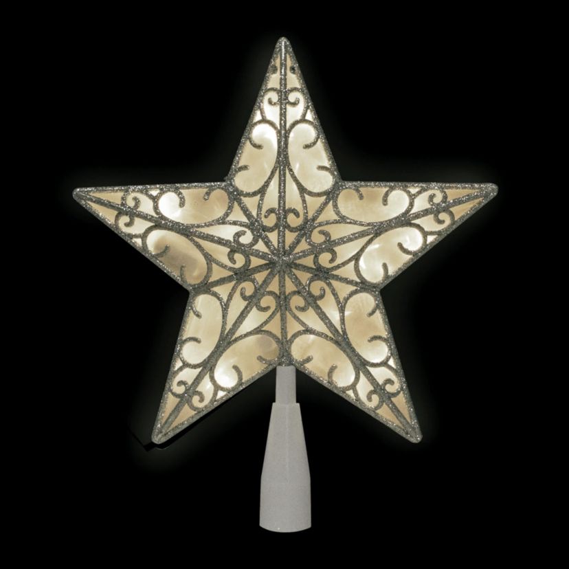 9" LED Lighted Silver Glitter Star Christmas Tree Topper  Warm White Lights