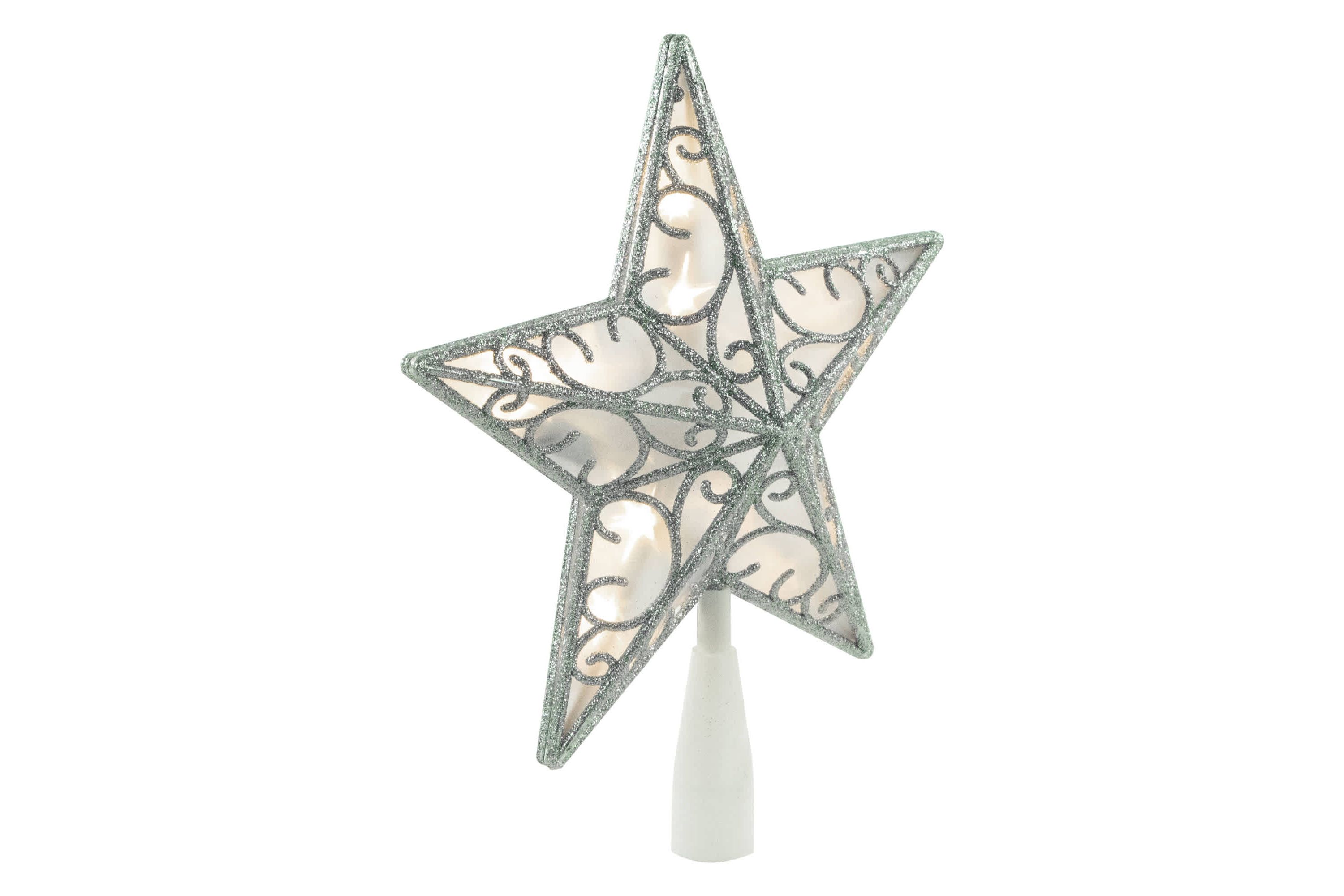 9" LED Lighted Silver Glitter Star Christmas Tree Topper  Warm White Lights