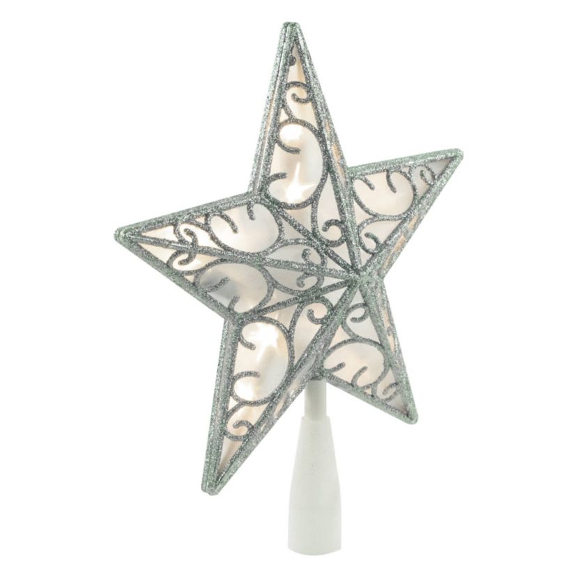 9" LED Lighted Silver Glitter Star Christmas Tree Topper  Warm White Lights