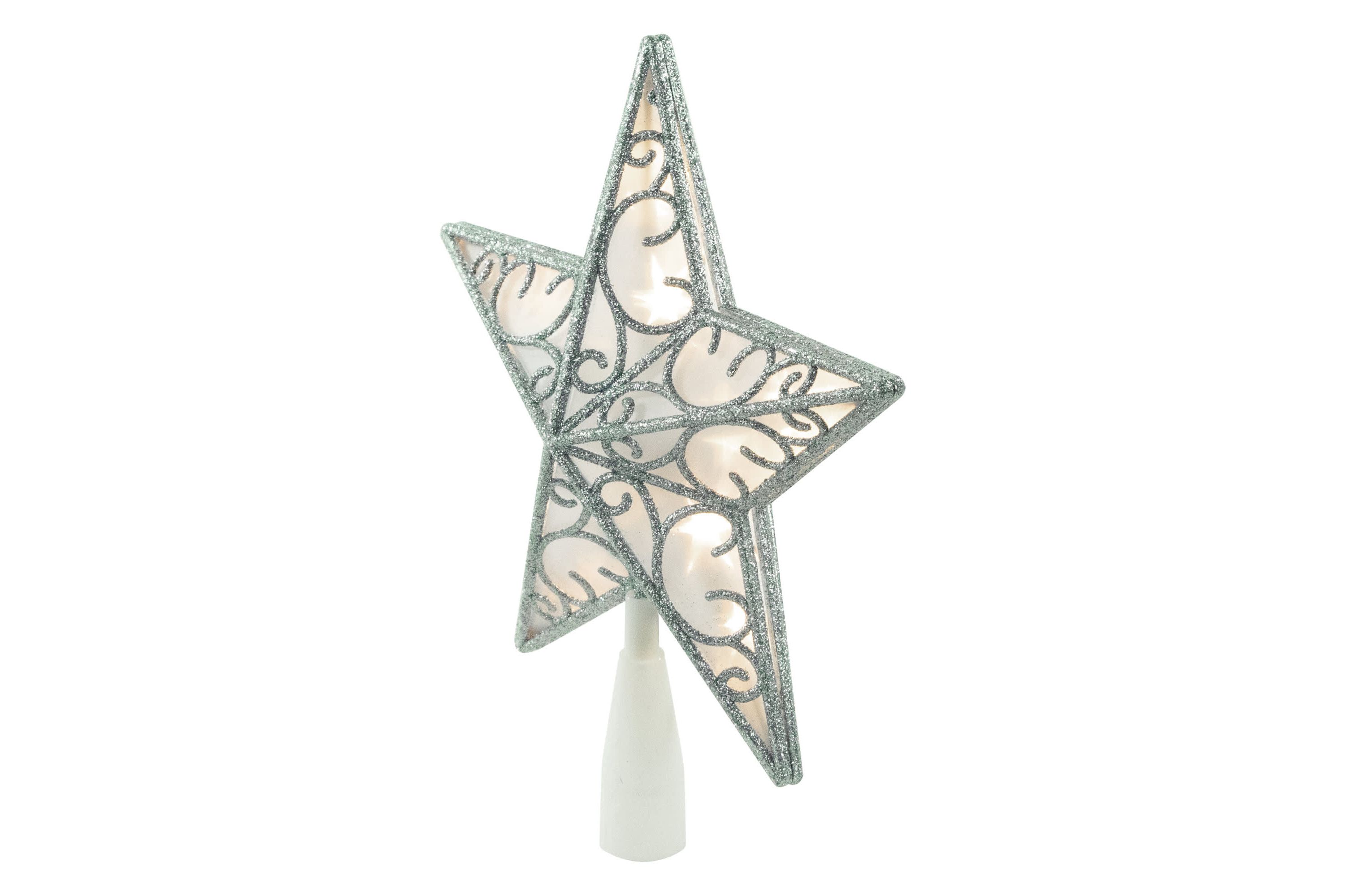 9" LED Lighted Silver Glitter Star Christmas Tree Topper  Warm White Lights