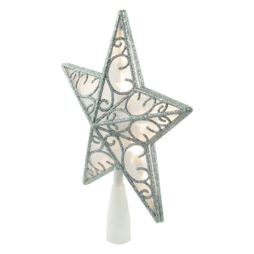 9" LED Lighted Silver Glitter Star Christmas Tree Topper  Warm White Lights