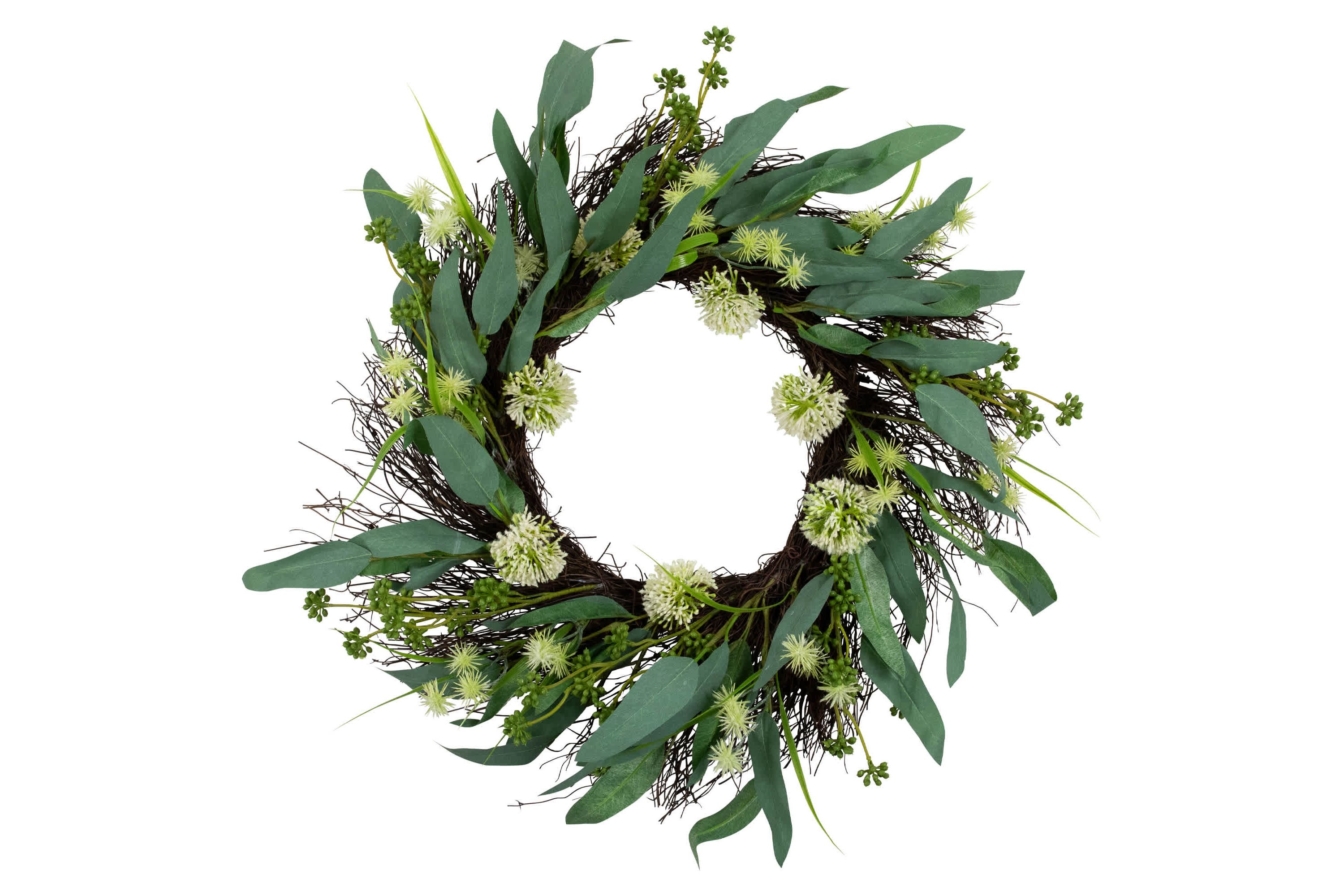 Olive Leaf and Floral Twig Spring Wreath - 23" - Green and White