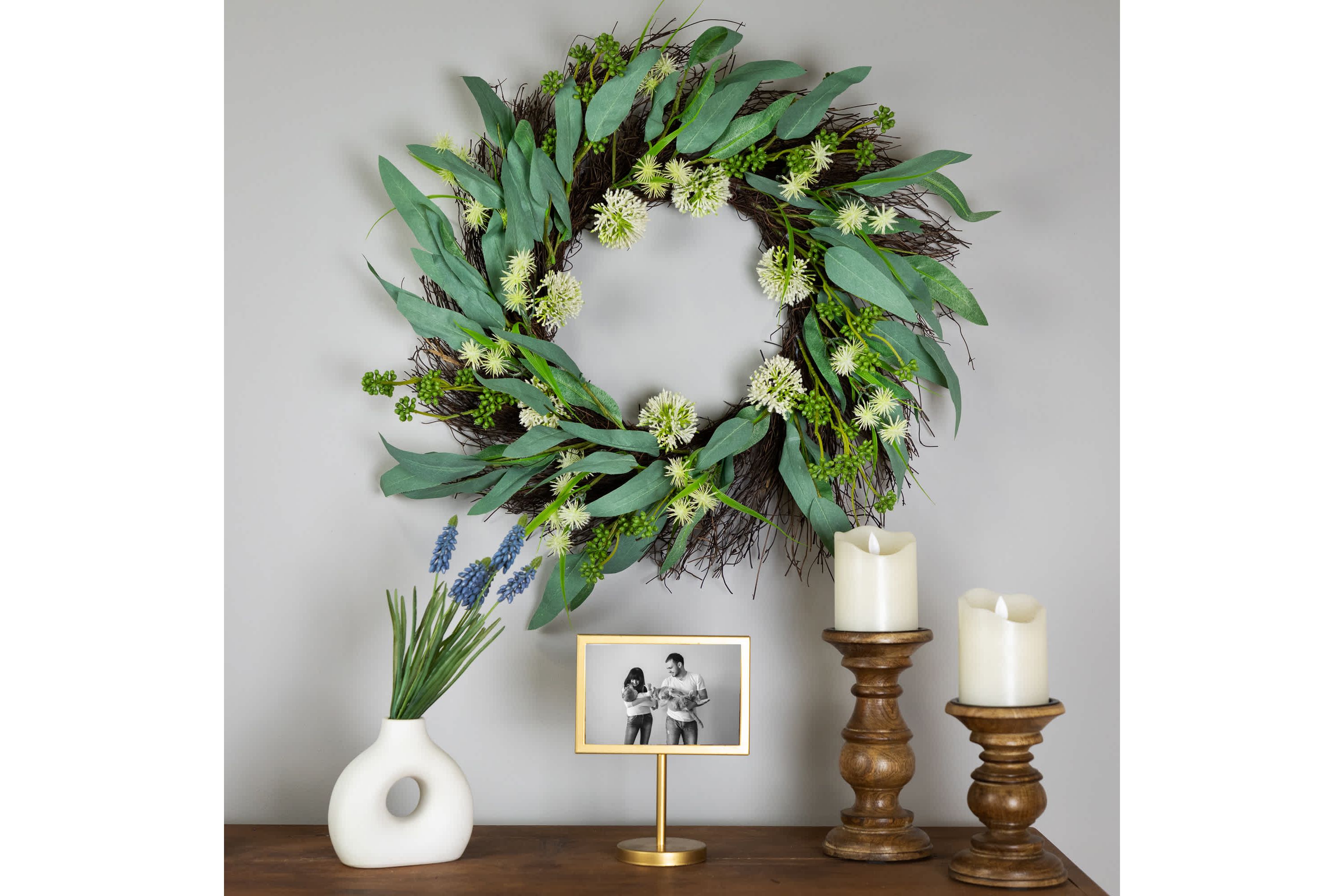 Olive Leaf and Floral Twig Spring Wreath - 23" - Green and White