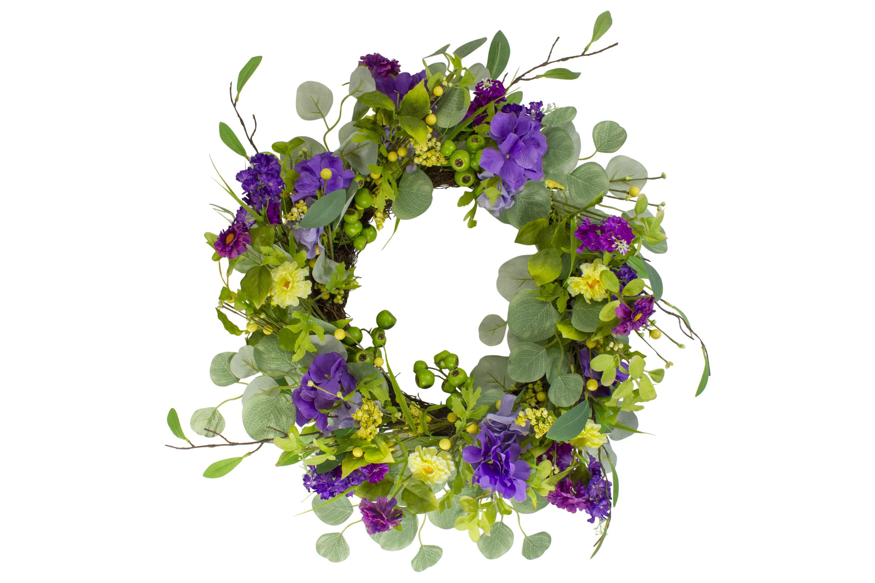 Eucalyptus and Hydrangea Floral Spring Wreath - 23" - Purple and Yellow