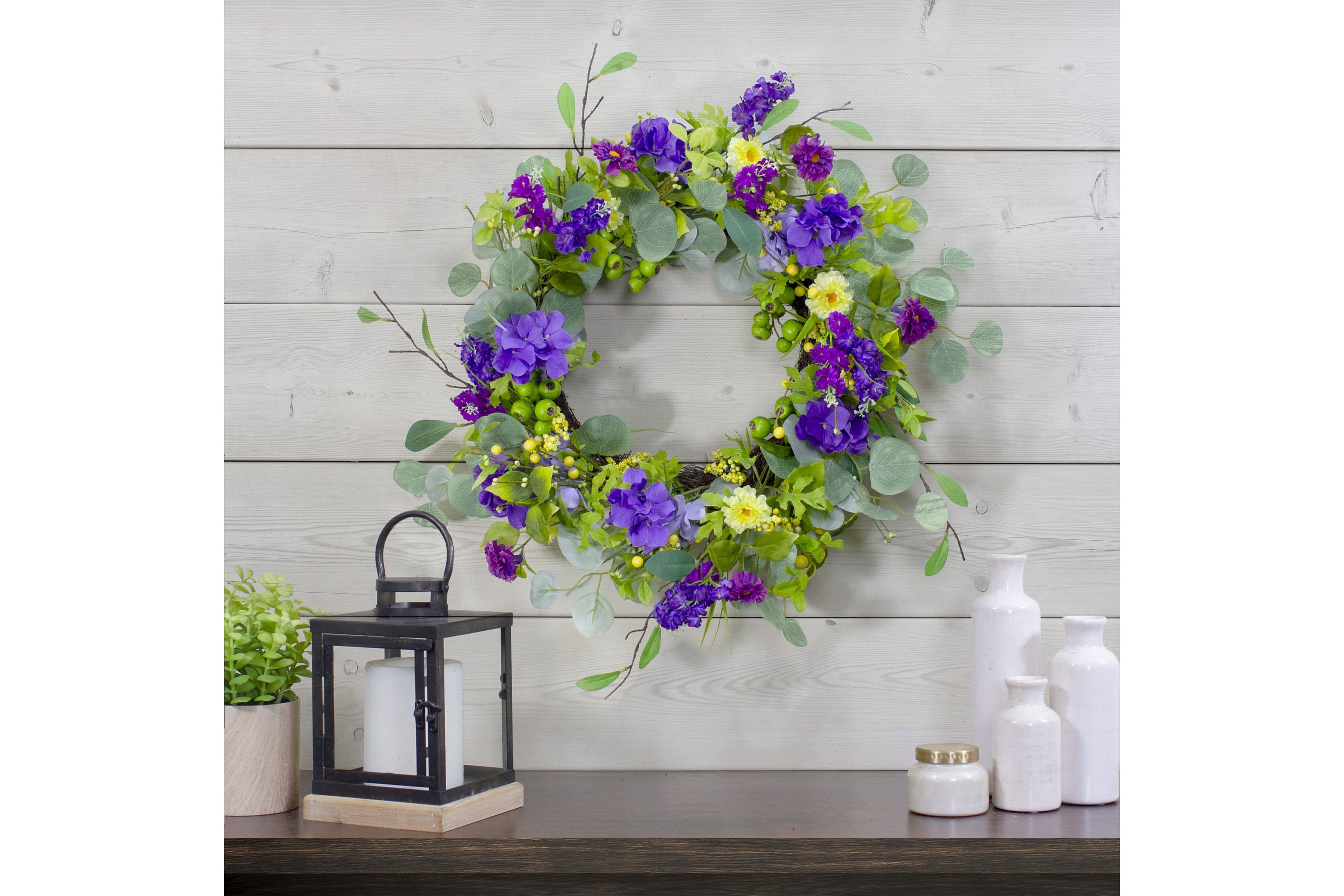 Eucalyptus and Hydrangea Floral Spring Wreath - 23" - Purple and Yellow