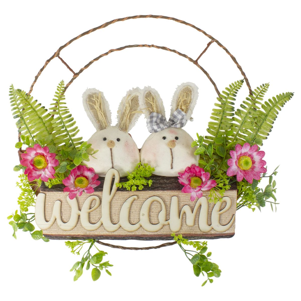Rabbit Couple "Welcome" Floral Spring Wreath 16-Inch