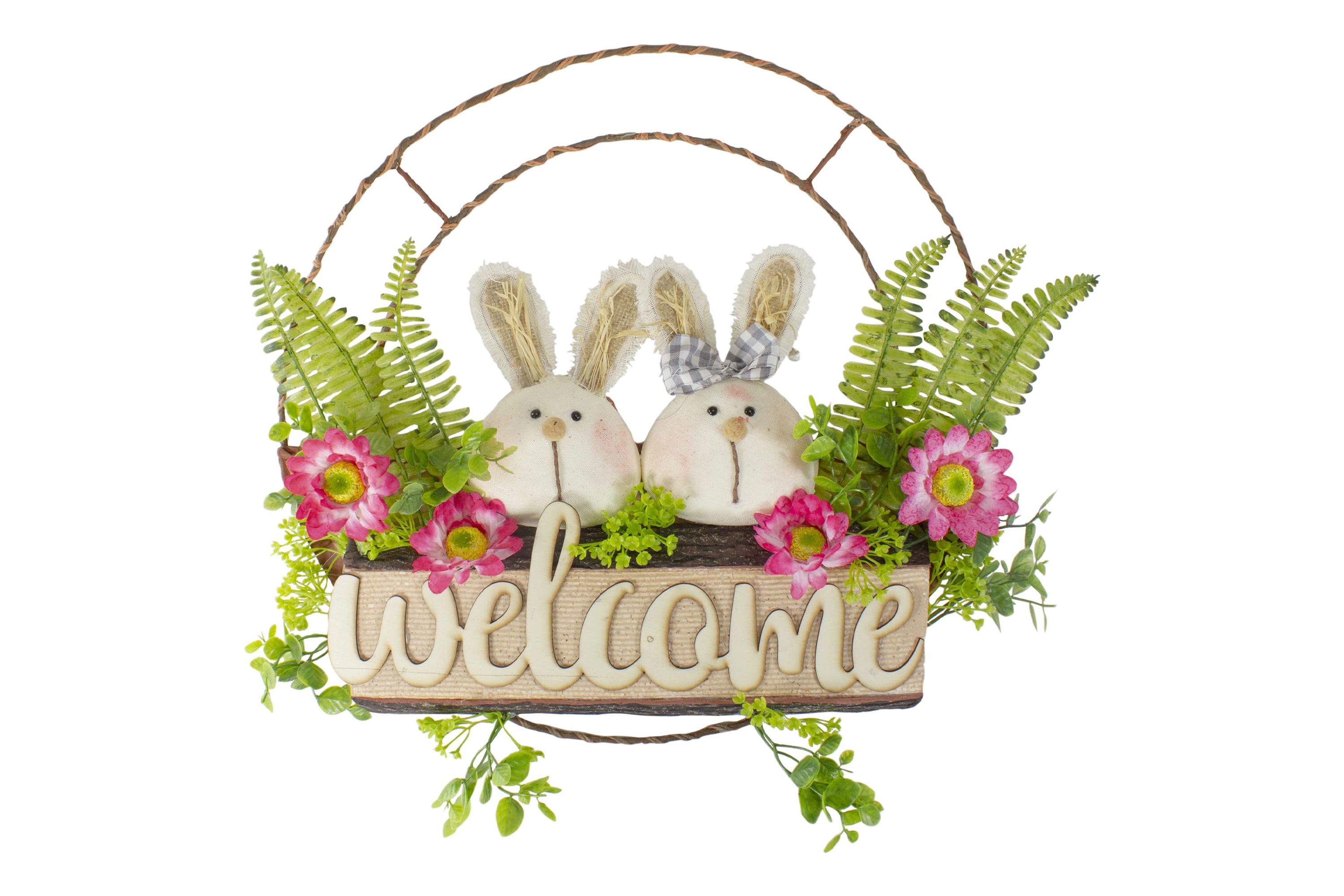 Rabbit Couple "Welcome" Floral Spring Wreath  16-Inch