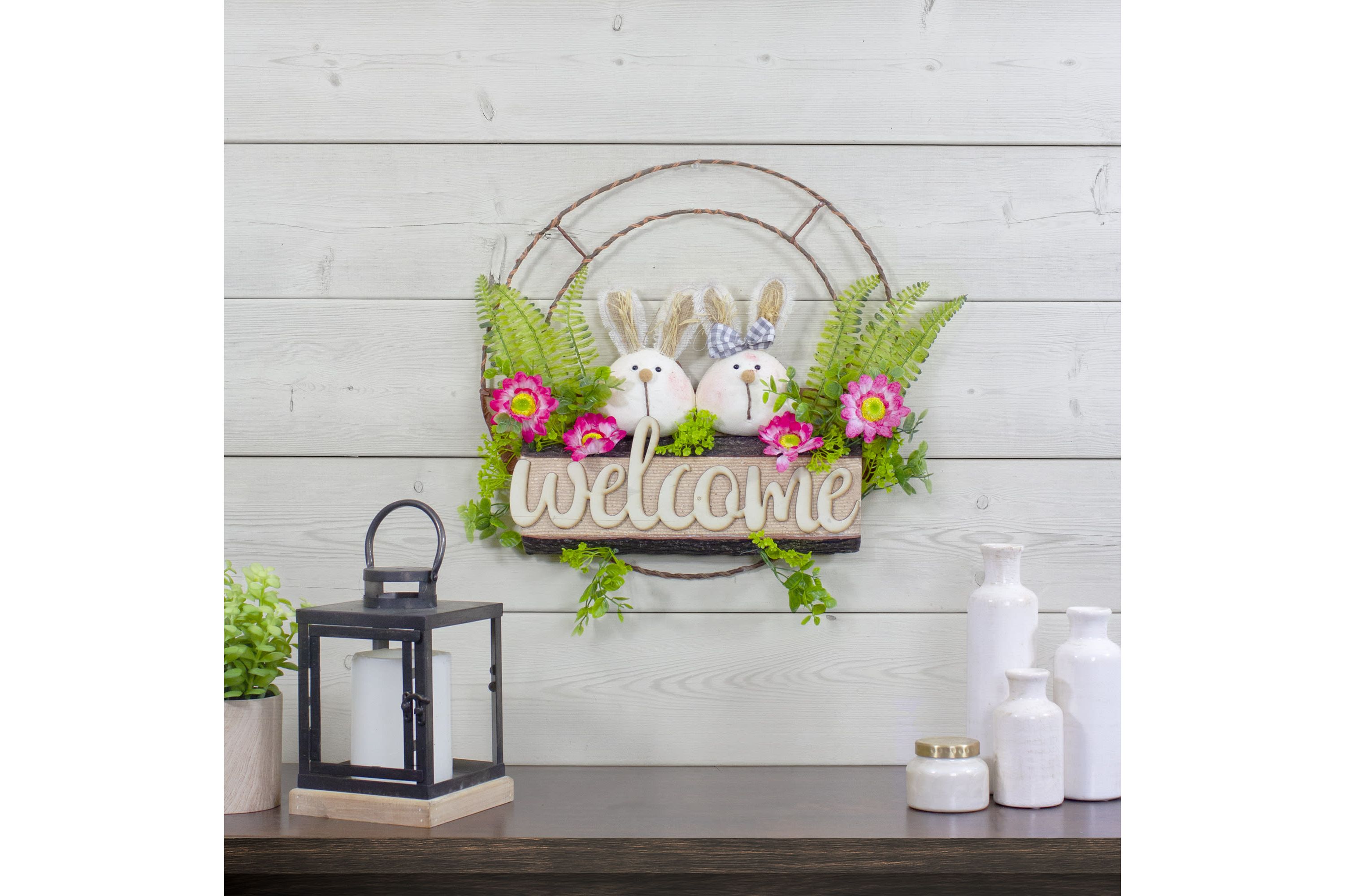 Rabbit Couple "Welcome" Floral Spring Wreath  16-Inch