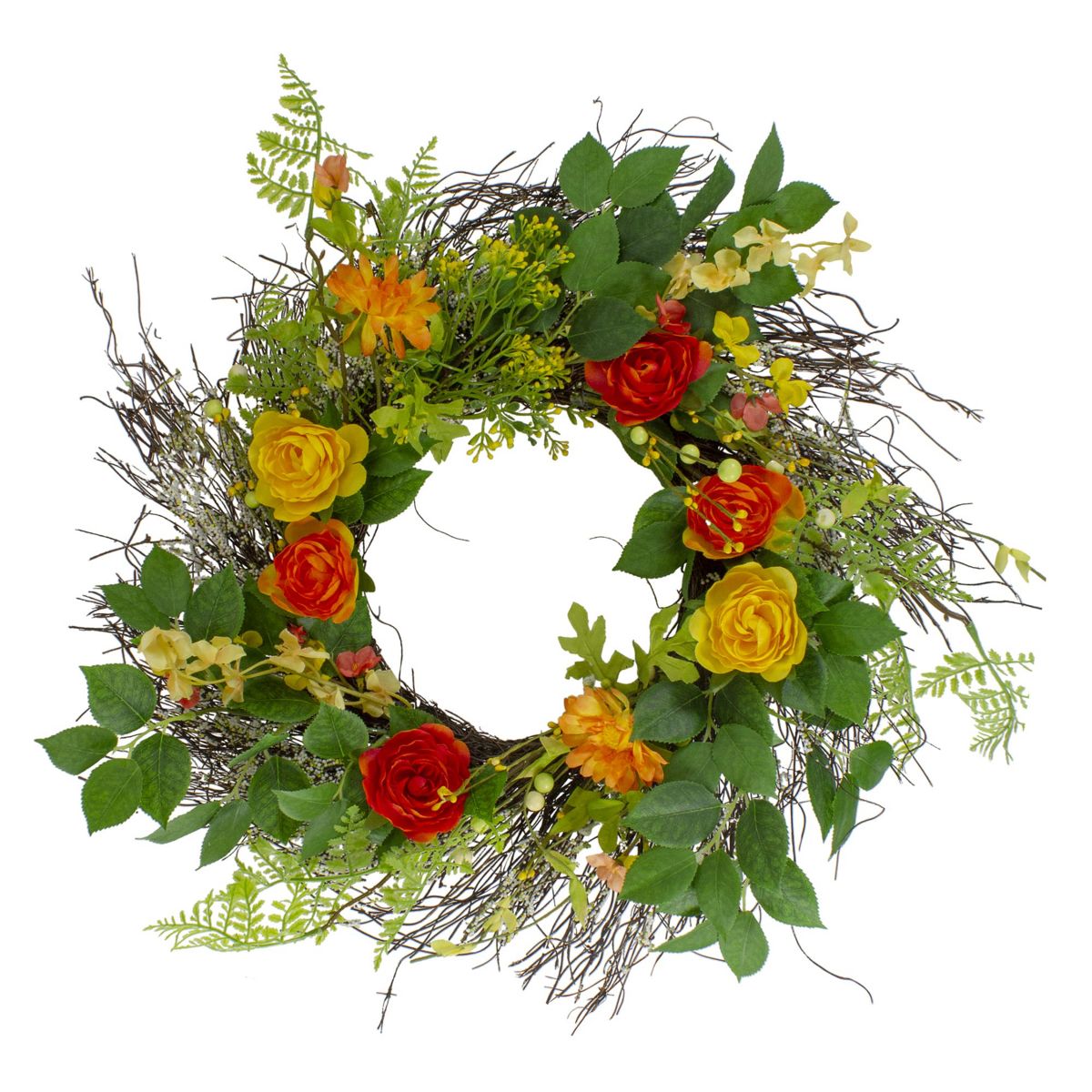 Ranunculus and Rose Floral Spring Wreath Orange and Yellow 20"
