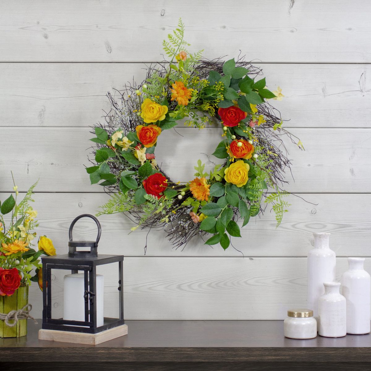 Ranunculus and Rose Floral Spring Wreath Orange and Yellow 20"
