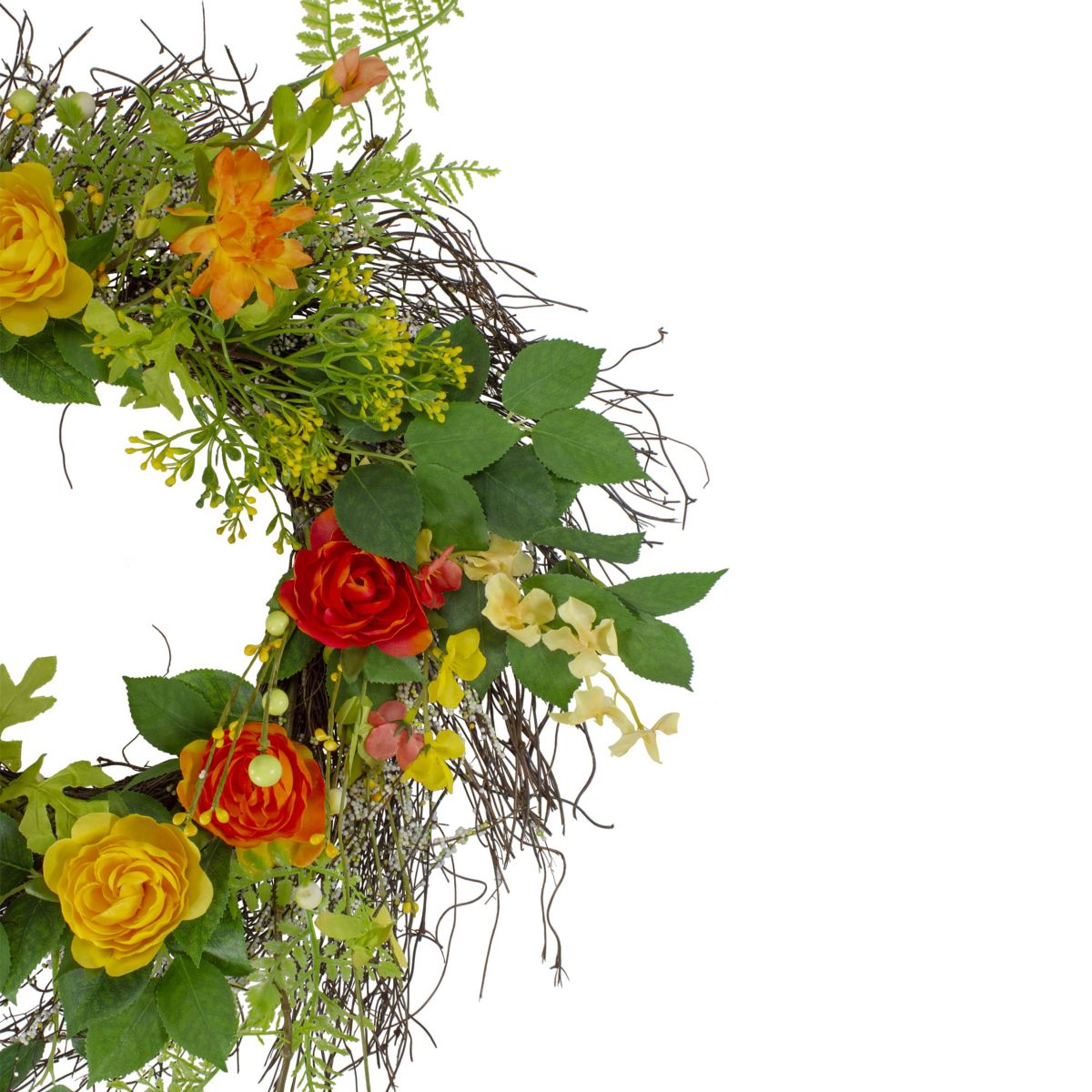 Ranunculus and Rose Floral Spring Wreath Orange and Yellow 20"