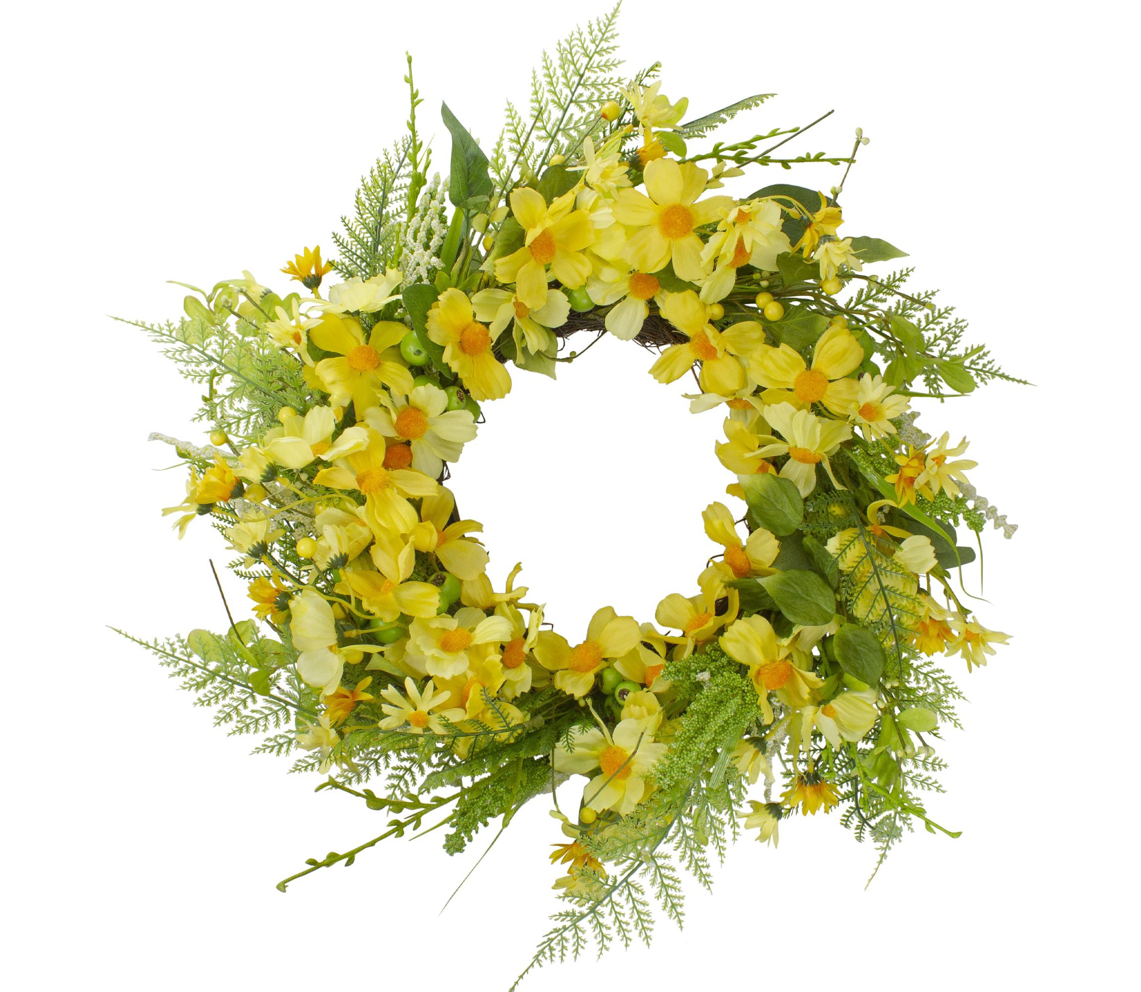 Daisy and Berry Floral Spring Wreath  Yellow and Green 23"