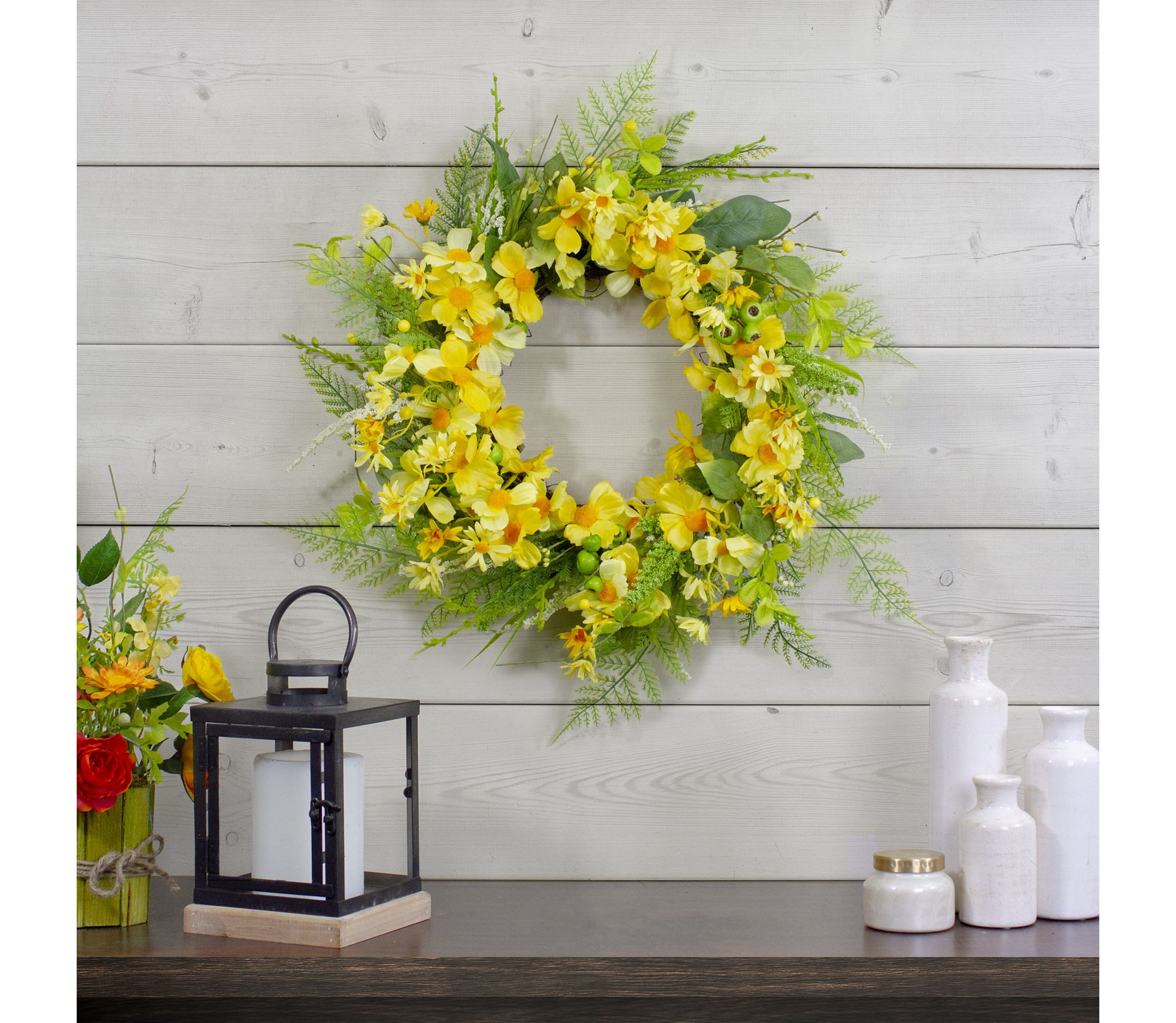 Daisy and Berry Floral Spring Wreath  Yellow and Green 23"