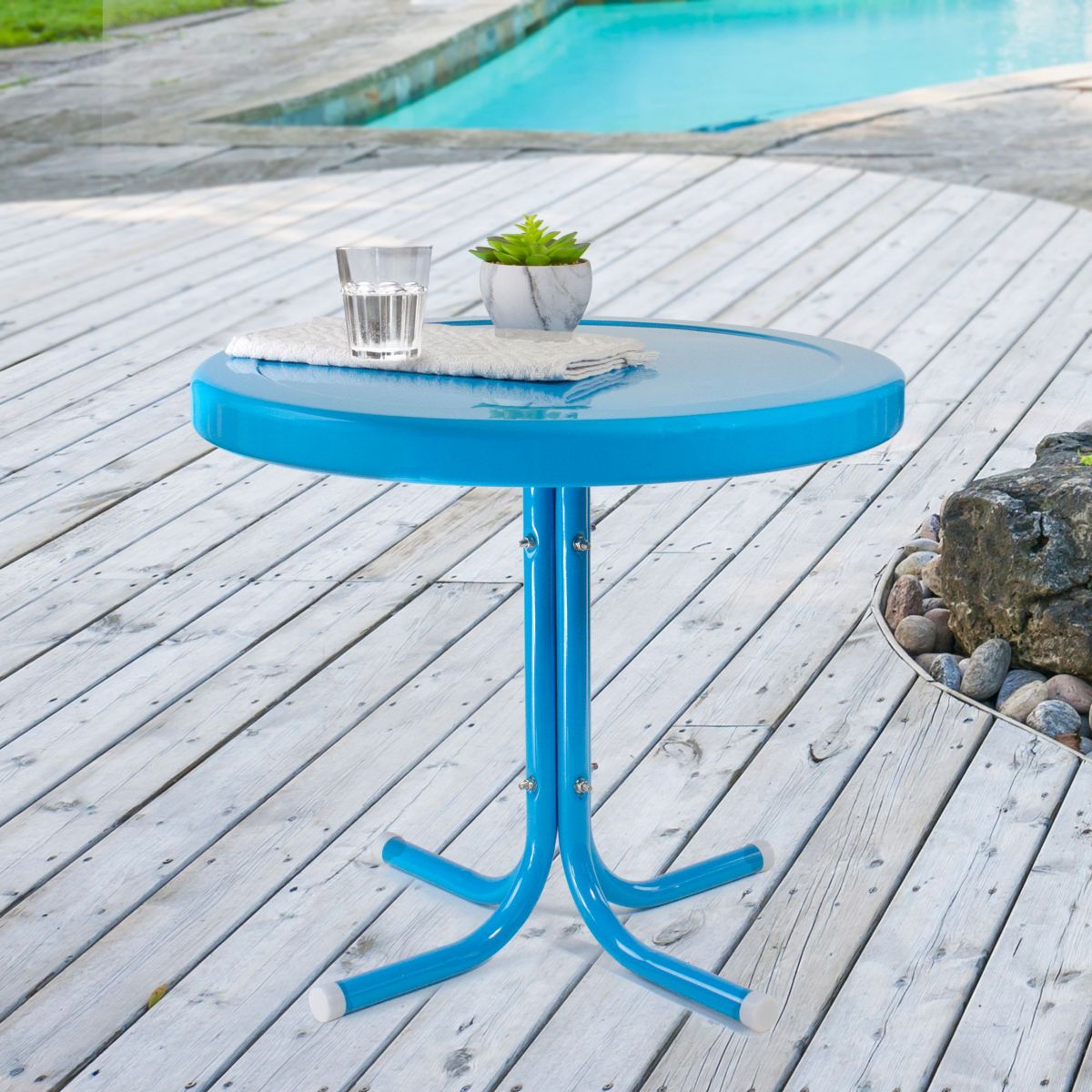 22" Outdoor Retro Tulip Side Table  Turquoise Blue