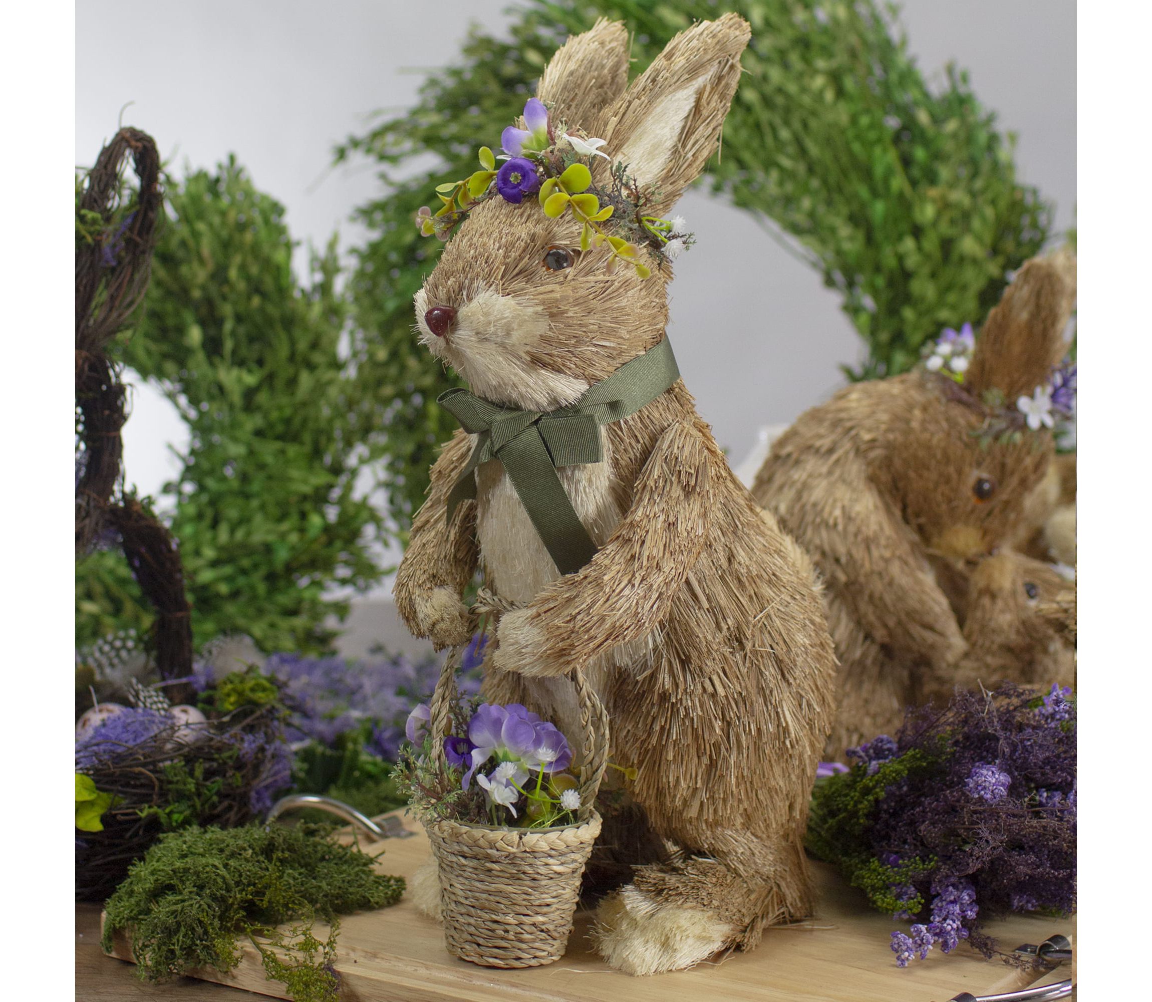 15" Brown Sisal Bunny Rabbit with Basket Easter Figure