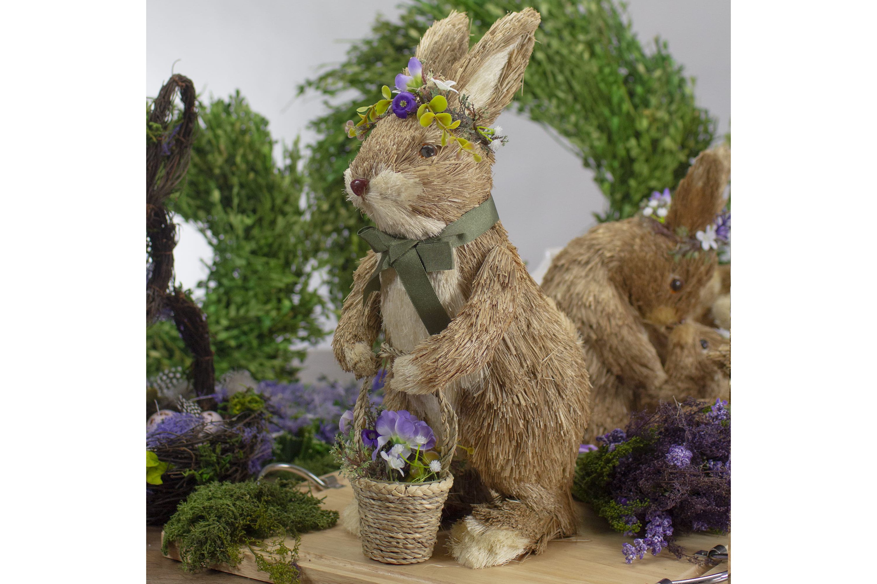 15" Brown Sisal Bunny Rabbit with Basket Easter Figure