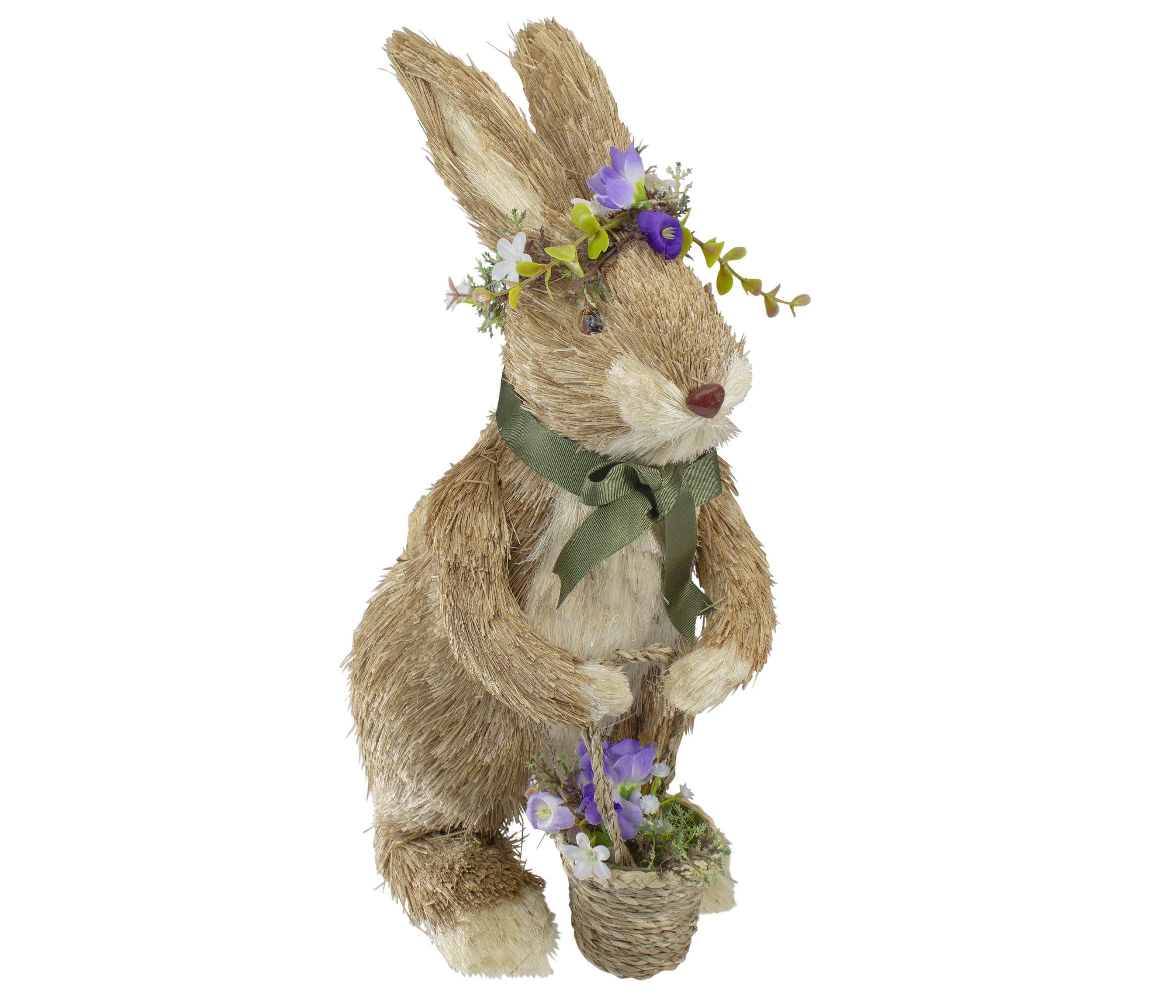 15" Brown Sisal Bunny Rabbit with Basket Easter Figure