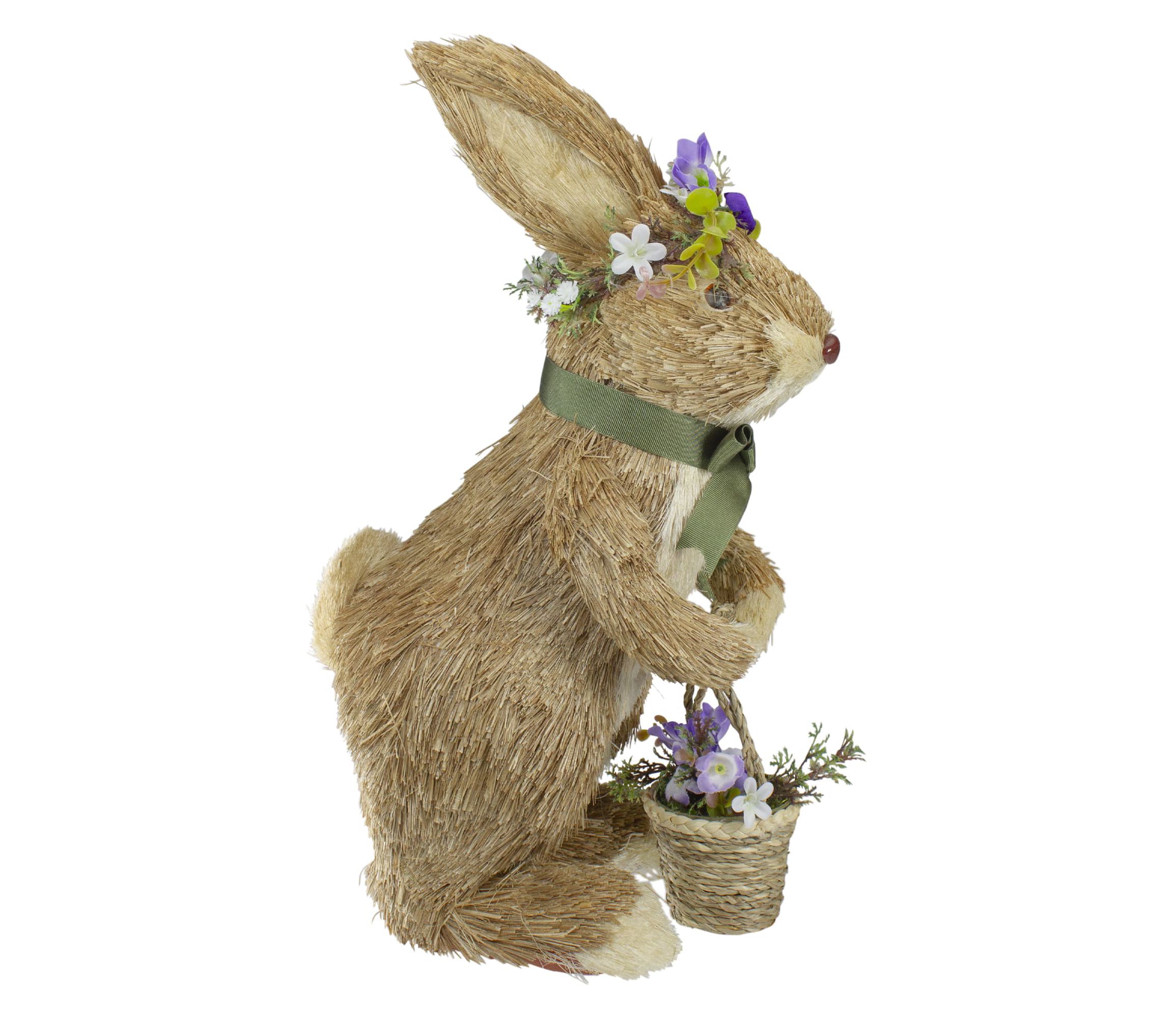 15" Brown Sisal Bunny Rabbit with Basket Easter Figure