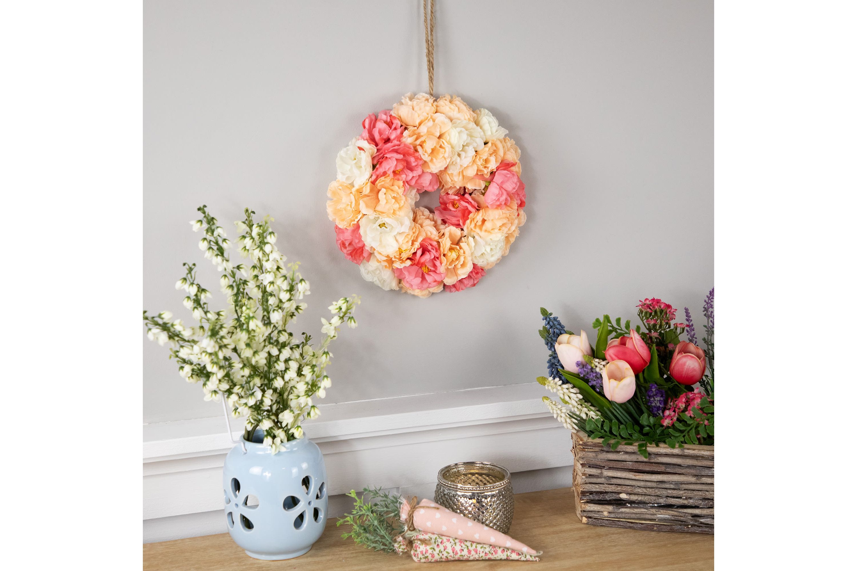 Artificial Peony Spring Floral Wreath - 8" - Pink and White