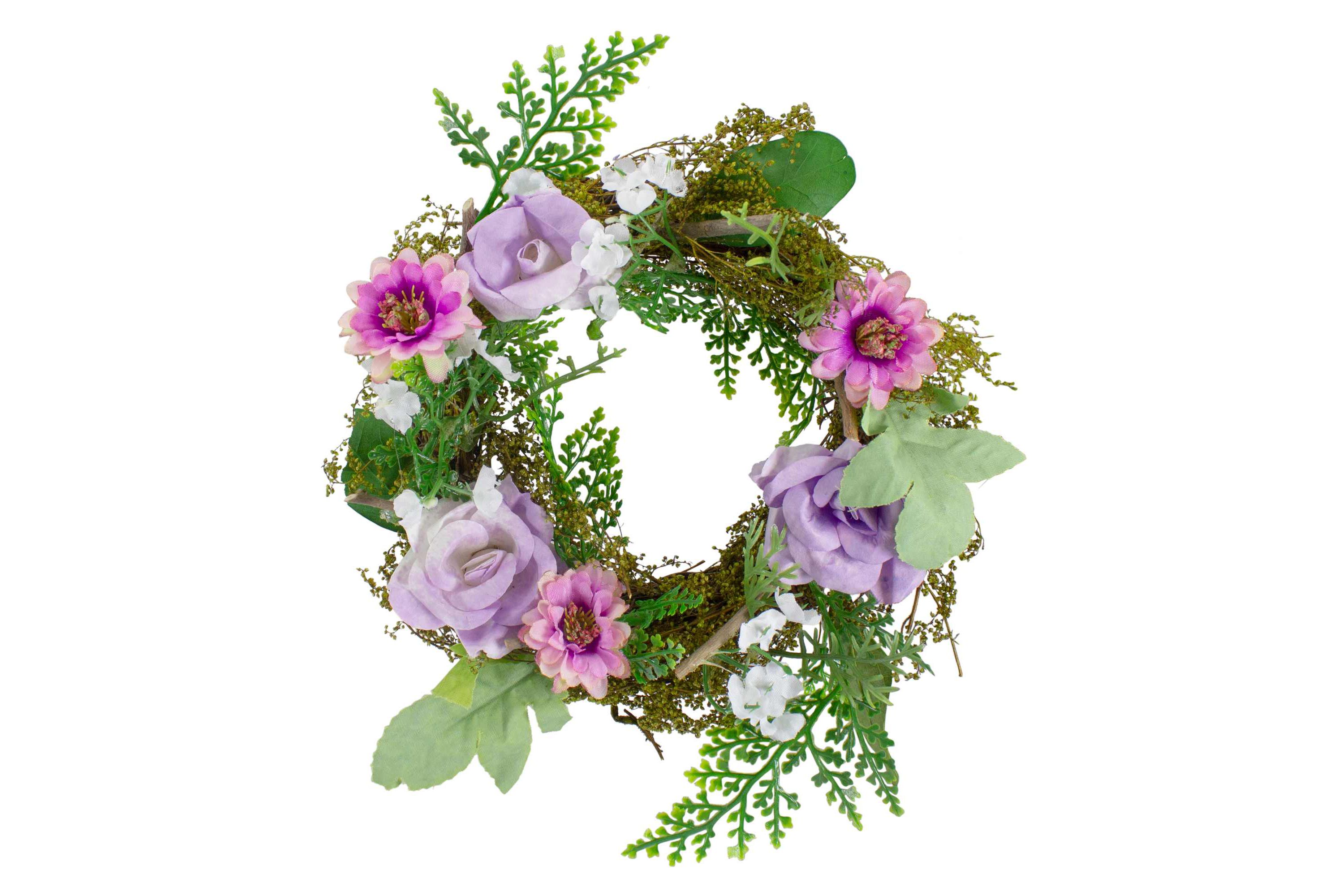 Mini Rose and Foliage Spring Wreath  Pink and Purple 8"