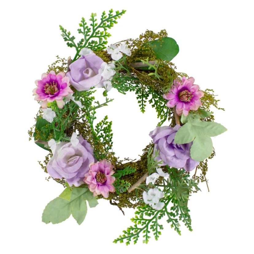 Mini Rose and Foliage Spring Wreath  Pink and Purple 8"