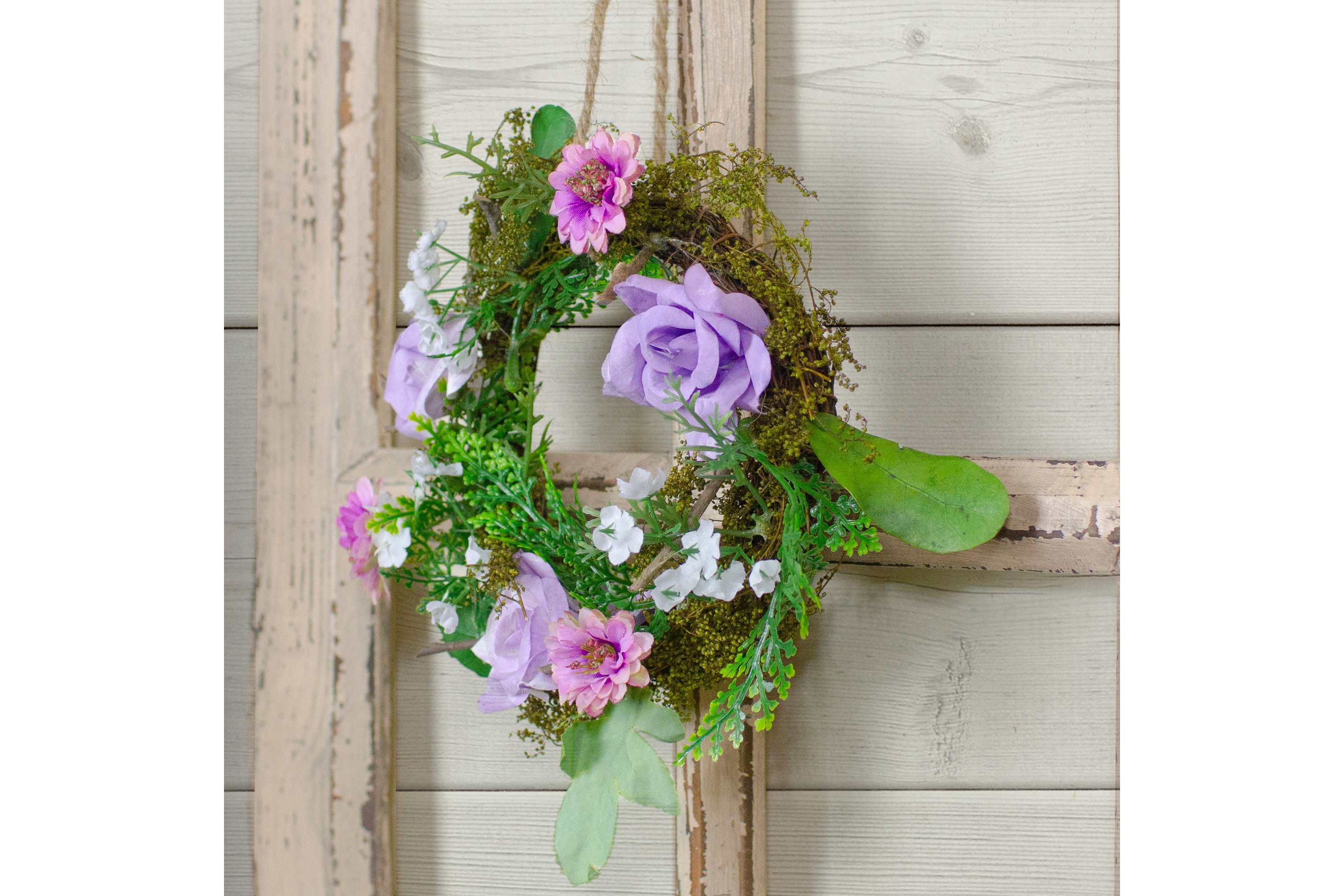 Mini Rose and Foliage Spring Wreath  Pink and Purple 8"