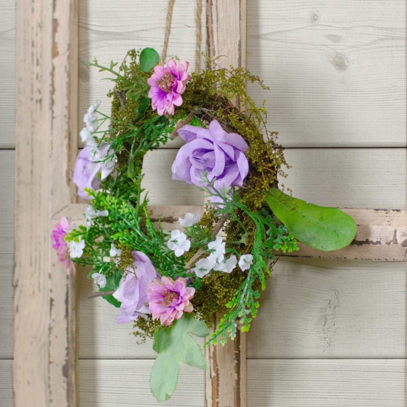 Mini Rose and Foliage Spring Wreath  Pink and Purple 8"