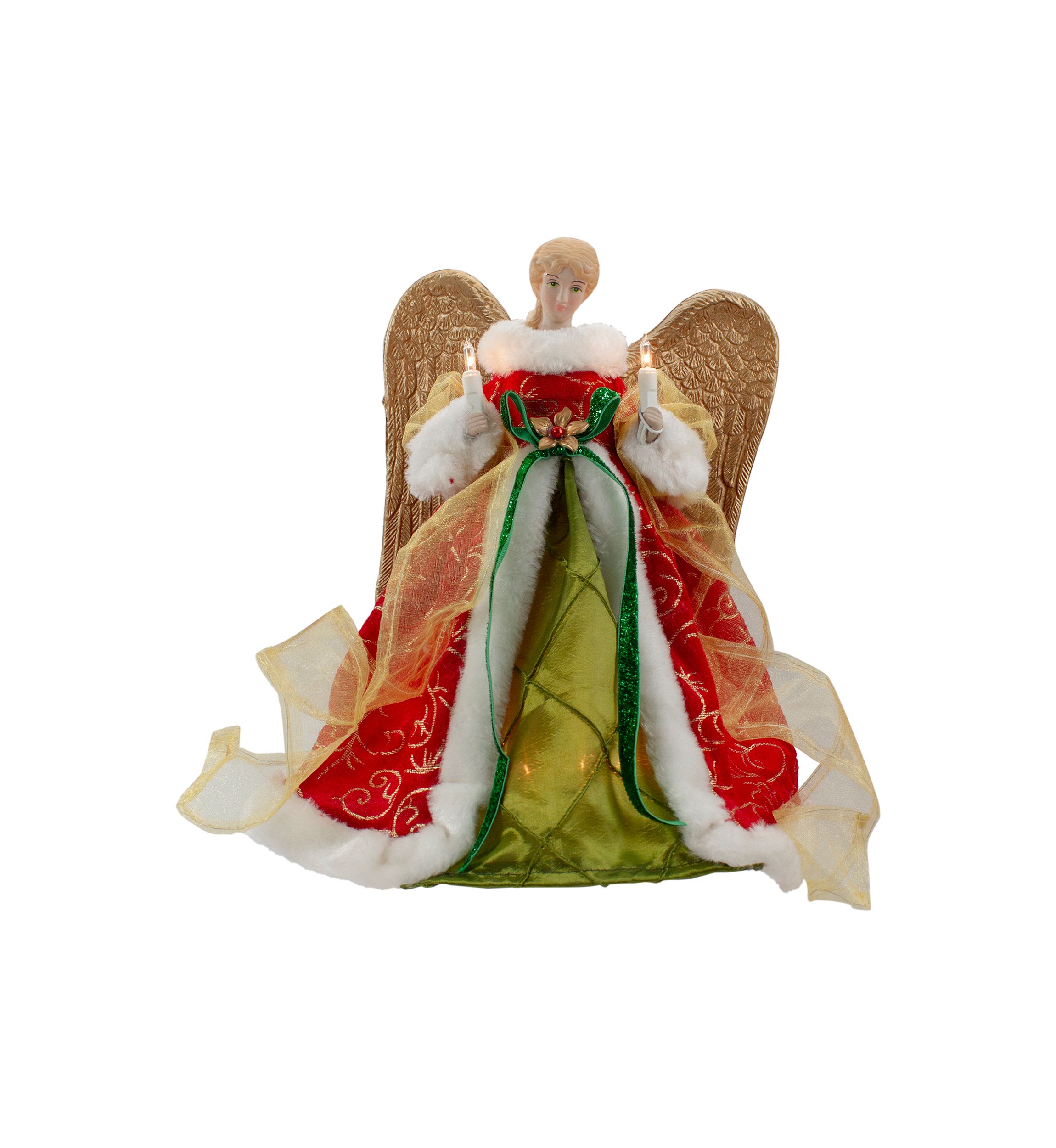 12Inch Lighted Red and Green Angel with Wings Christmas Tree Topper - Clear Lights