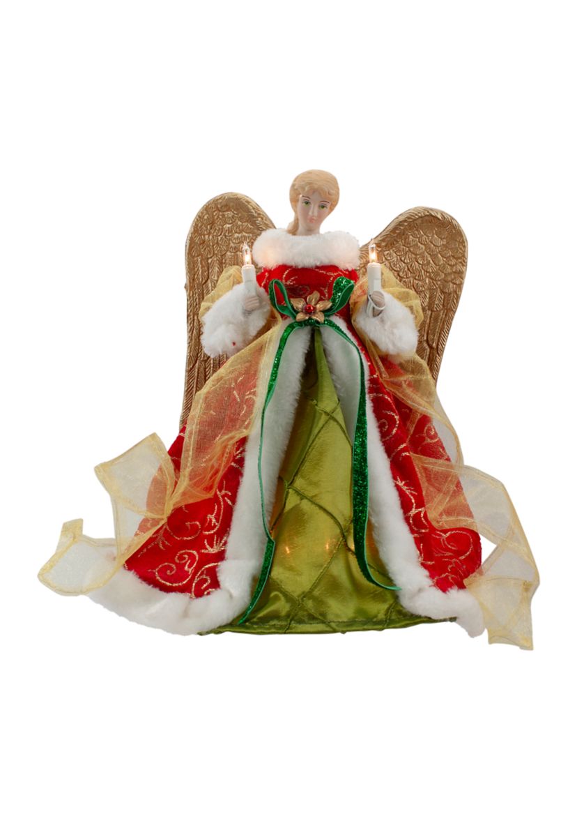 12Inch Lighted Red and Green Angel with Wings Christmas Tree Topper - Clear Lights